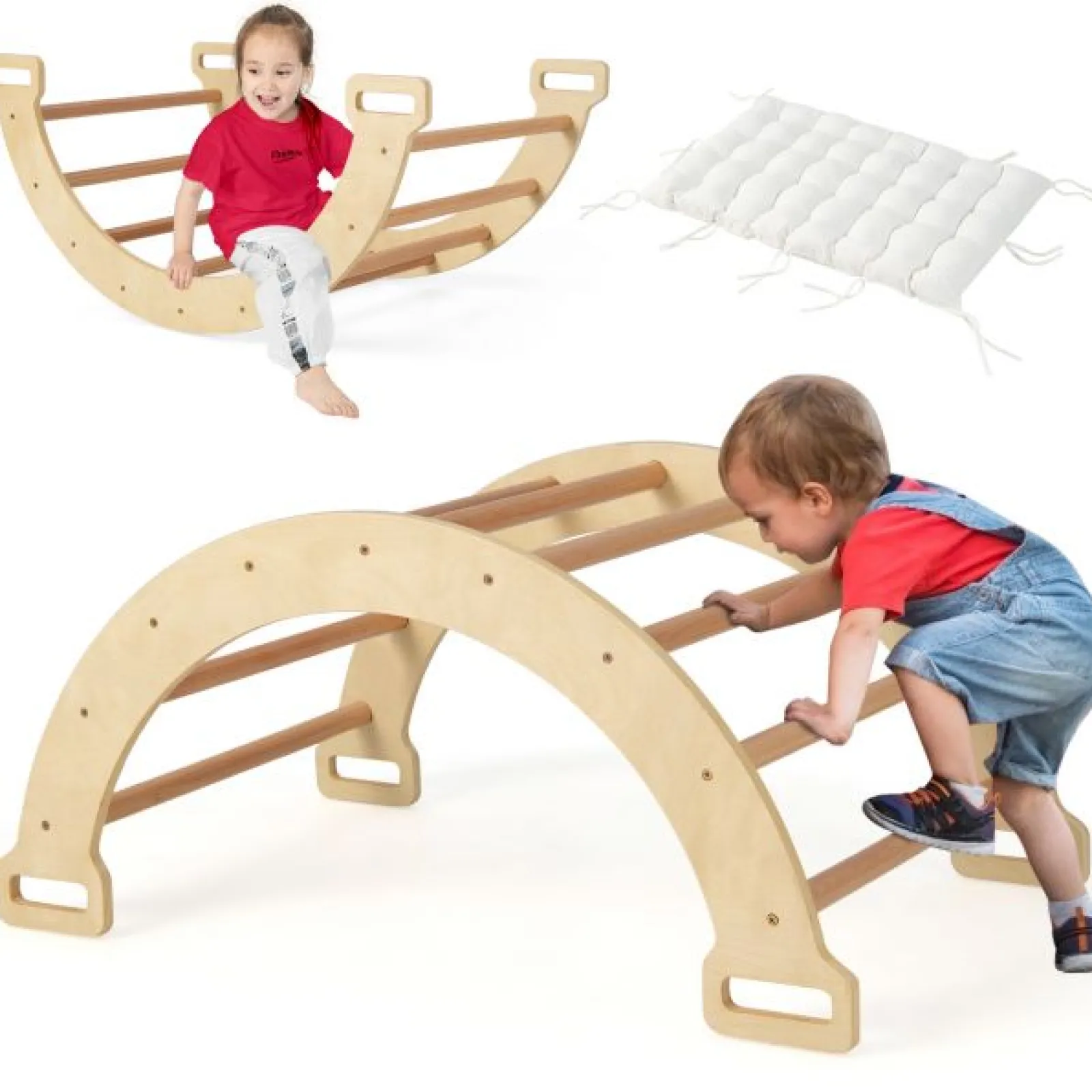 Kinder Little Helper 5-in-1 Montessori Öko-Holz Pikler Klettergerüst | Wippe mit Kissen | Höhle | Schaufenster | 12m+ | Natürlich