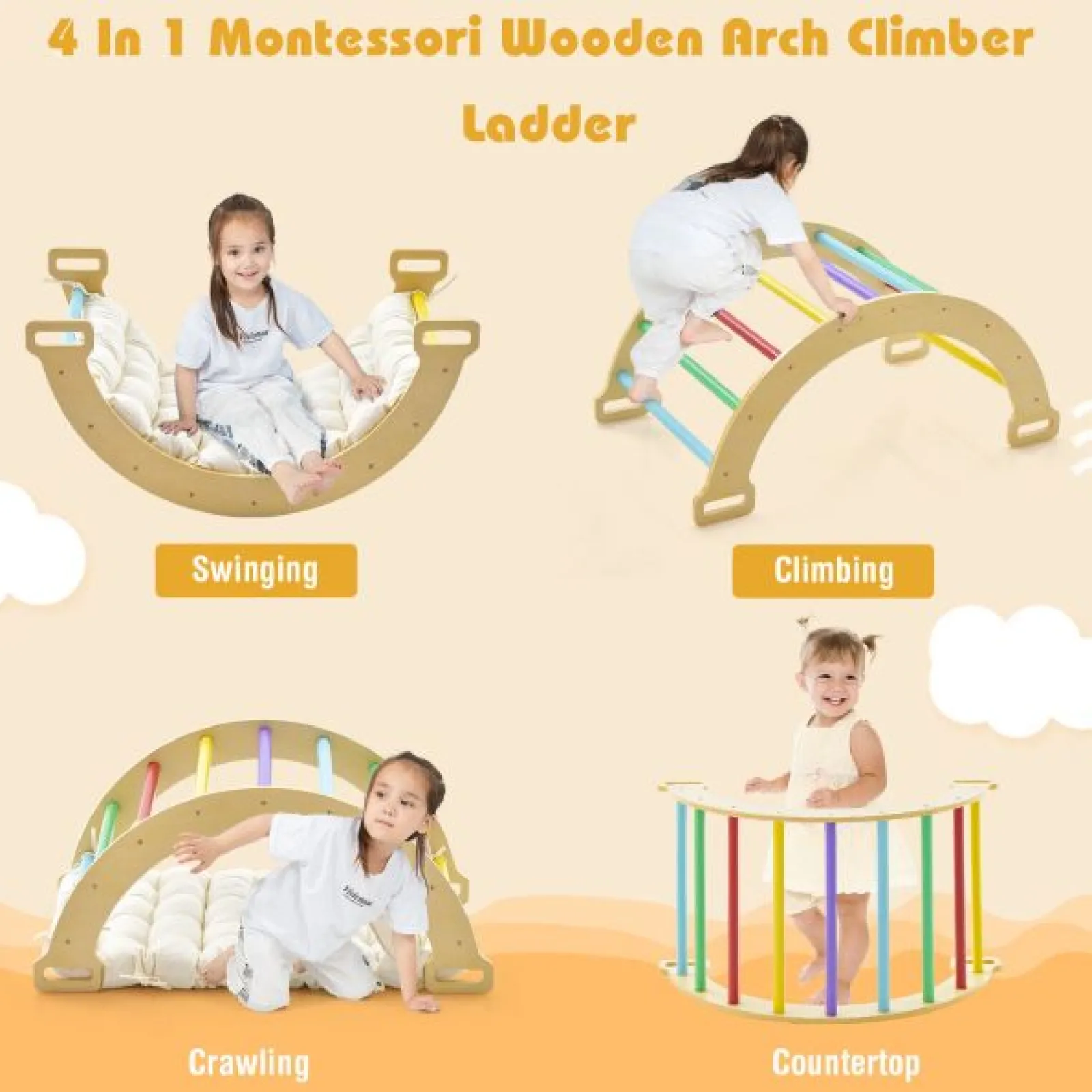 Kinder Little Helper 5-in-1 Montessori Öko-Holz Pikler Klettergerüst | Wippe mit Kissen | Höhle | Schaufenster | 12m+ | Natürlich