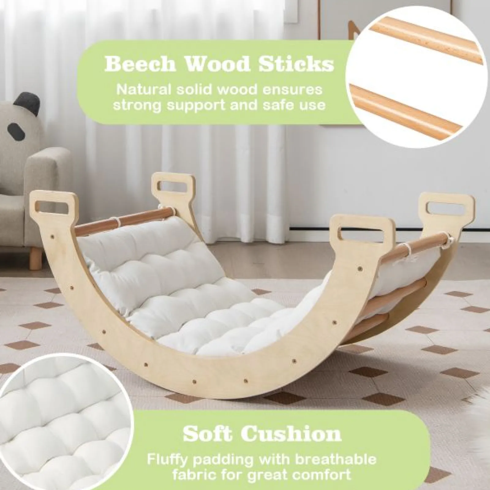 Kinder Little Helper 5-in-1 Montessori Öko-Holz Pikler Klettergerüst | Wippe mit Kissen | Höhle | Schaufenster | 12m+ | Natürlich