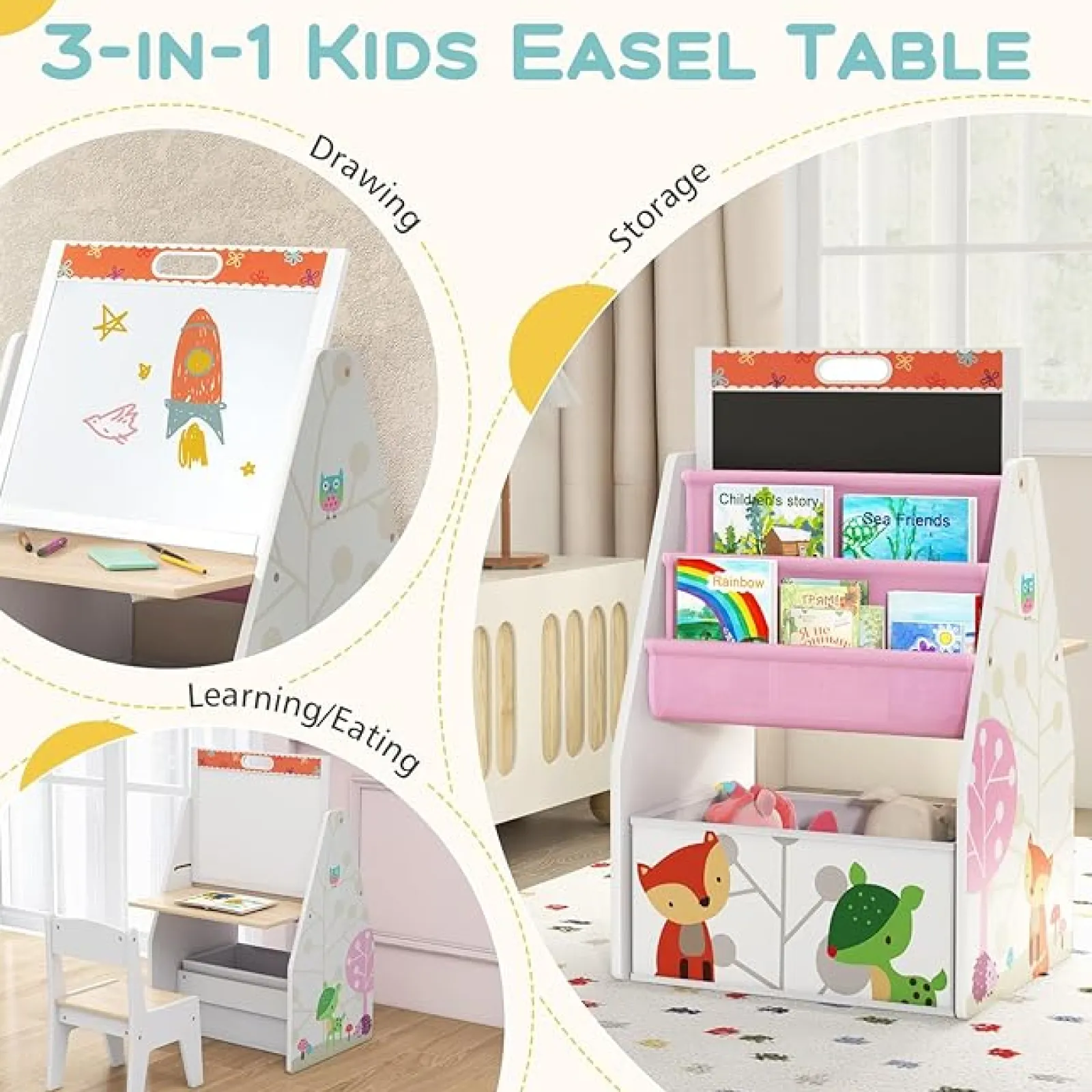 Kinder Little Helper 5-in-1 Montessori Kompakte Kinderstaffelei | Schreibtisch & ergonomischer Stuhl | Sling-Bücherregal | Bücherregal | Aufbewahrung | Weiß | Ab 3 Jahren