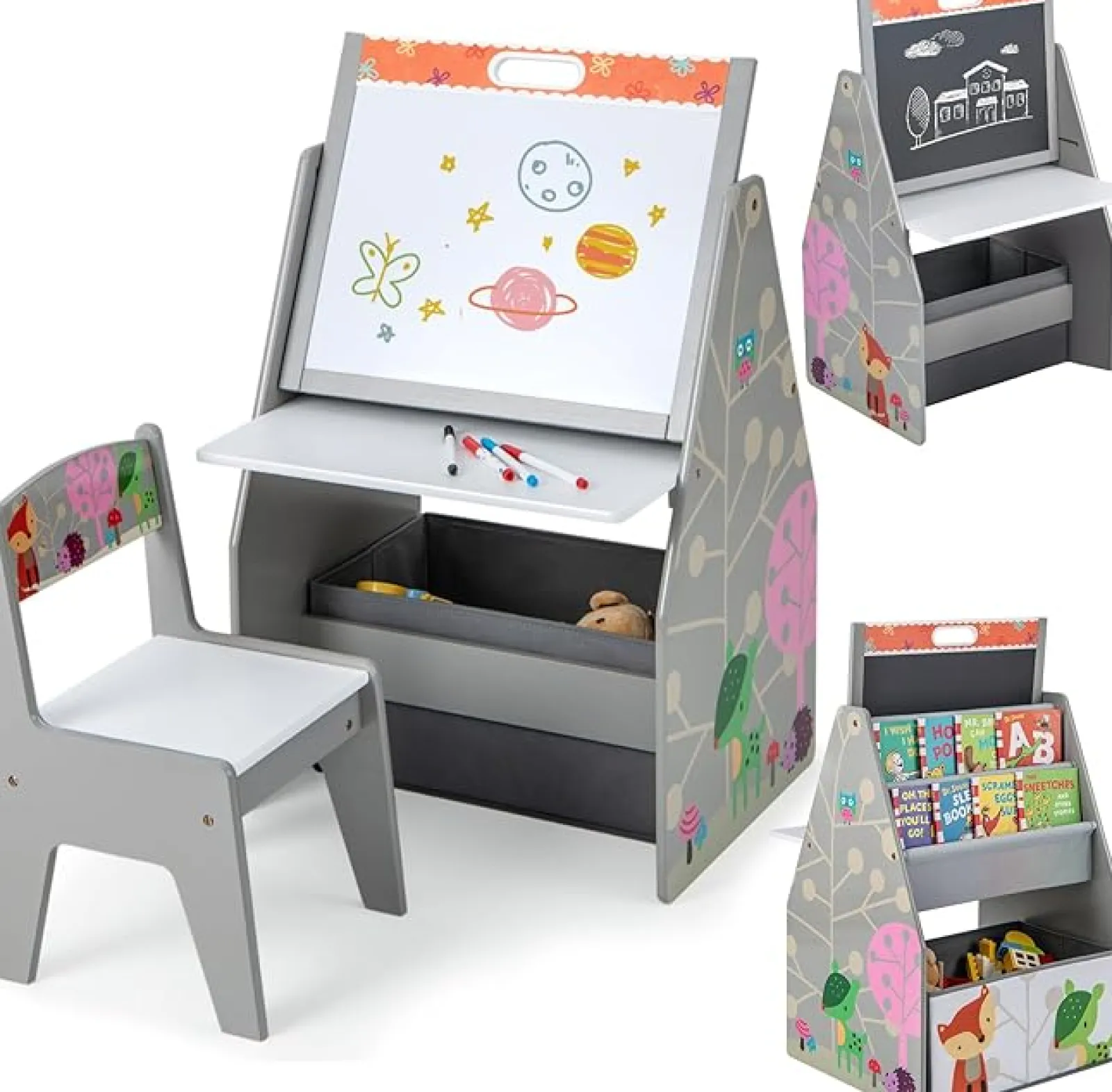 Kinder Little Helper 5-in-1 Montessori Kompakte Kinderstaffelei | Schreibtisch & ergonomischer Stuhl | Sling-Bücherregal | Bücherregal | Aufbewahrung | Weiß | Ab 3 Jahren