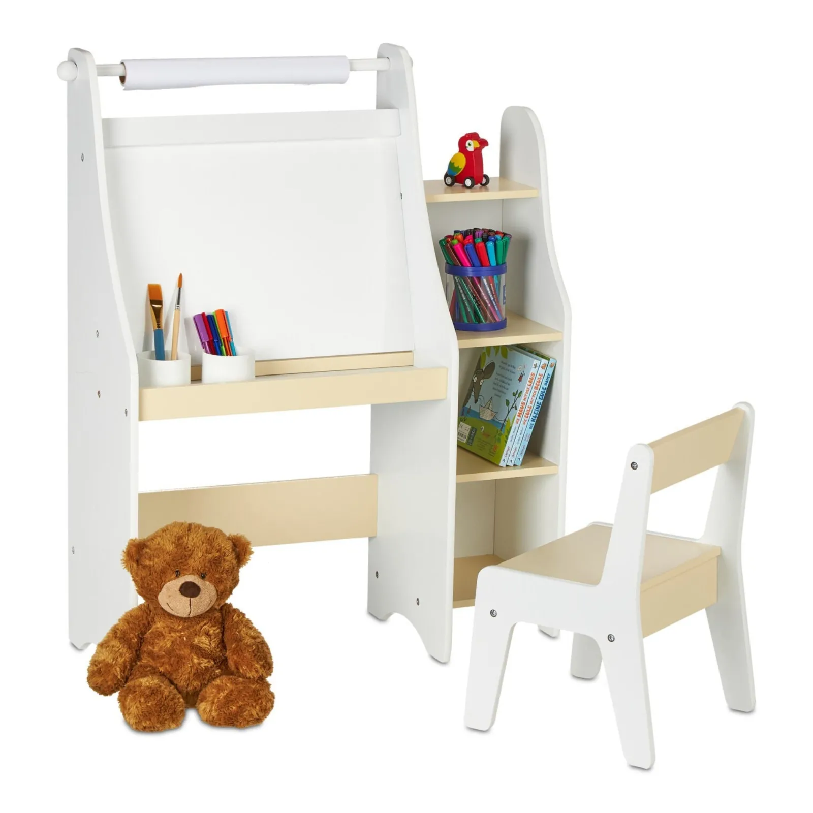 Kinder Little Helper 5-in-1 Montessori Kompakter Kinderschreibtisch | Staffelei | Sling-Bücherregal | Bücherregal | Aufbewahrung & Hocker | Weiß | Ab 3 Jahren