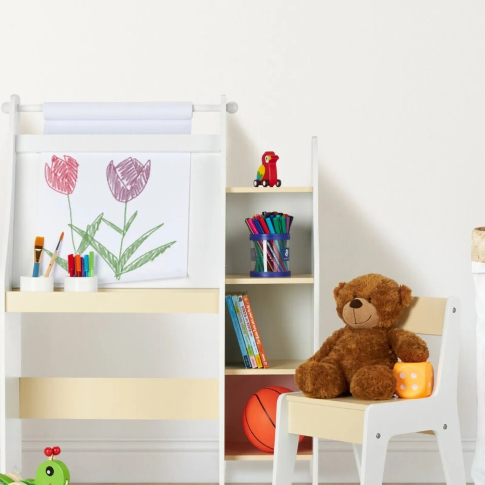 Kinder Little Helper 5-in-1 Montessori Kompakter Kinderschreibtisch | Staffelei | Sling-Bücherregal | Bücherregal | Aufbewahrung & Hocker | Weiß | Ab 3 Jahren