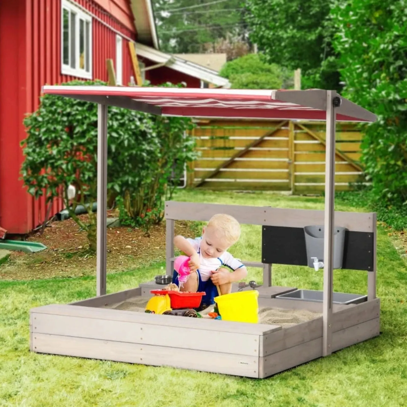 Little Helper 3-in-1 Montessori Öko-Sandkasten aus natürlichem Tannenholz, Matschküche und Wasserspiel mit Sonnendach und Abdeckung | 3–8 Jahre