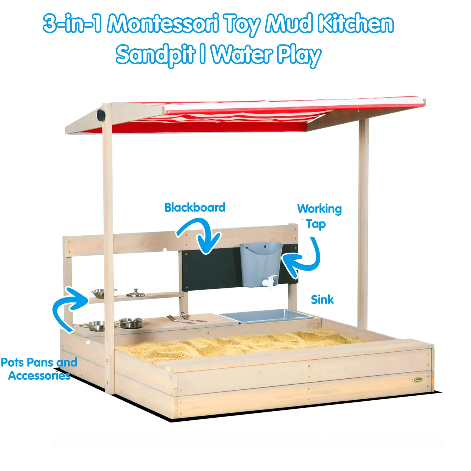 Little Helper 3-in-1 Montessori Öko-Sandkasten aus natürlichem Tannenholz, Matschküche und Wasserspiel mit Sonnendach und Abdeckung | 3–8 Jahre