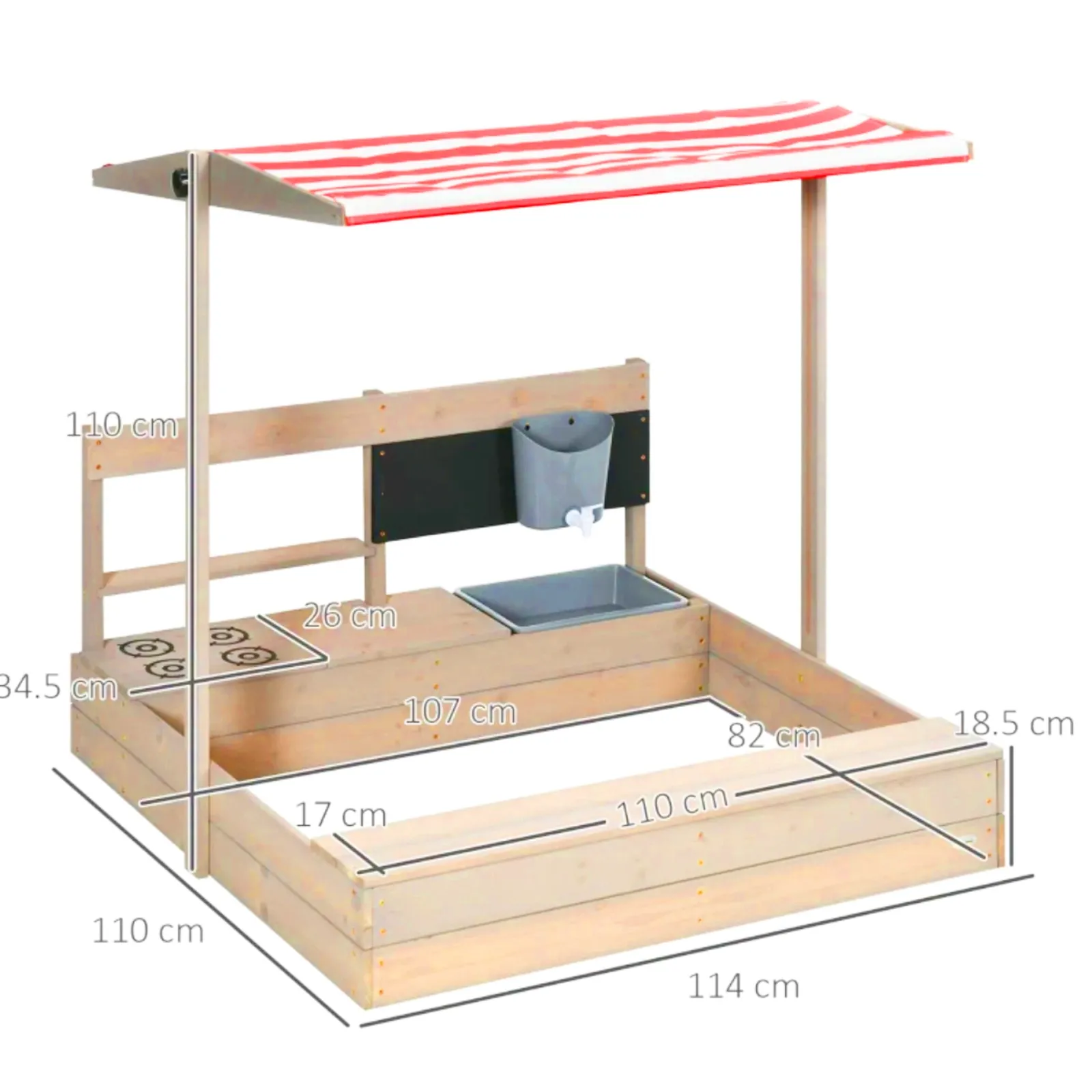Little Helper 3-in-1 Montessori Öko-Sandkasten aus natürlichem Tannenholz, Matschküche und Wasserspiel mit Sonnendach und Abdeckung | 3–8 Jahre