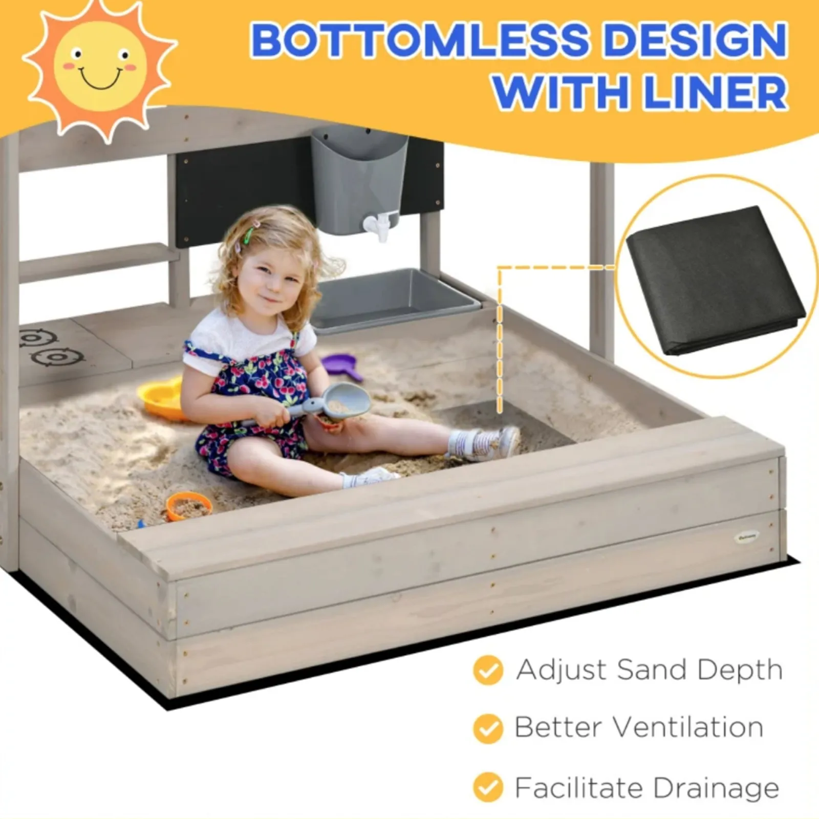 Little Helper 3-in-1 Montessori Öko-Sandkasten aus natürlichem Tannenholz, Matschküche und Wasserspiel mit Sonnendach und Abdeckung | 3–8 Jahre