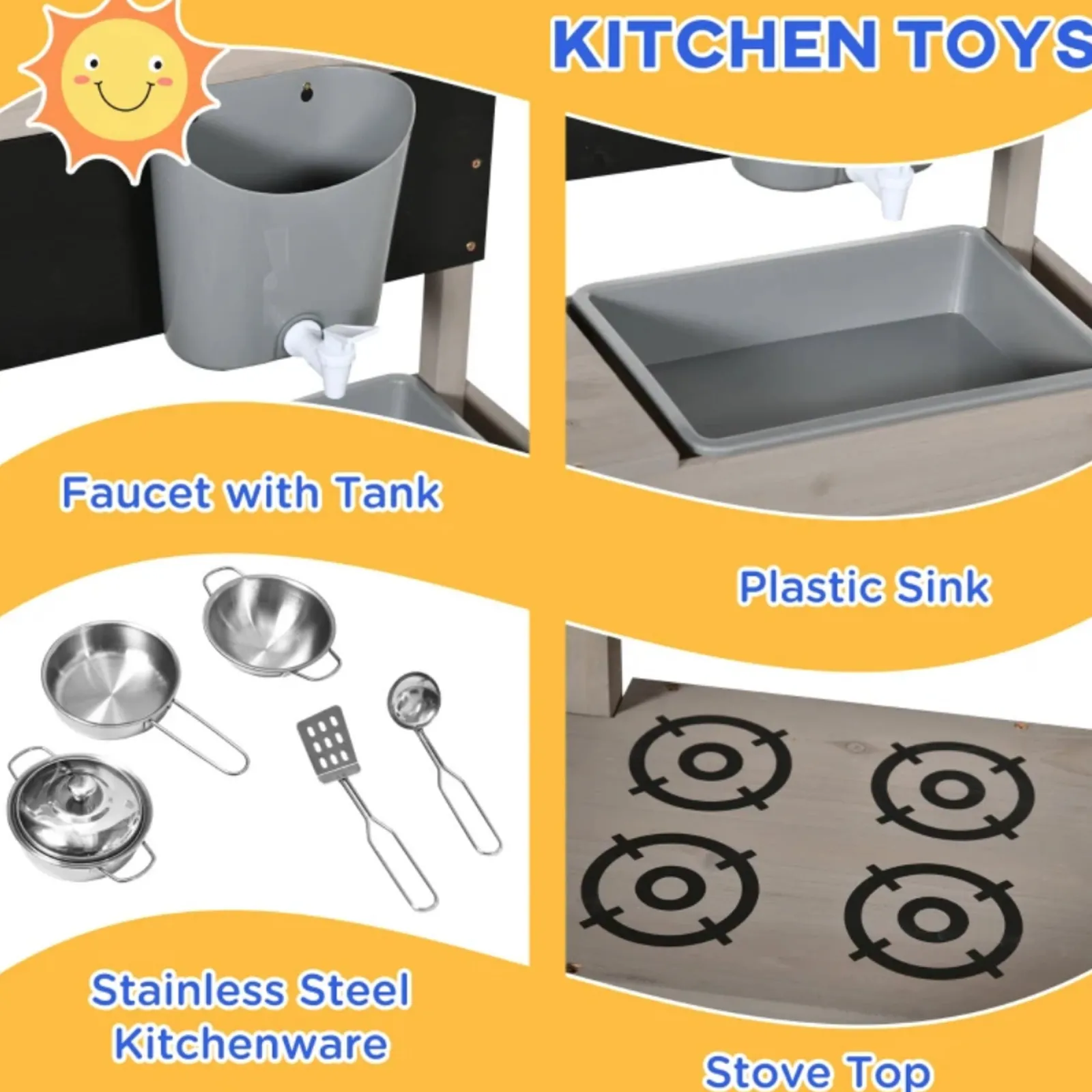 Little Helper 3-in-1 Montessori Öko-Sandkasten aus natürlichem Tannenholz, Matschküche und Wasserspiel mit Sonnendach und Abdeckung | 3–8 Jahre