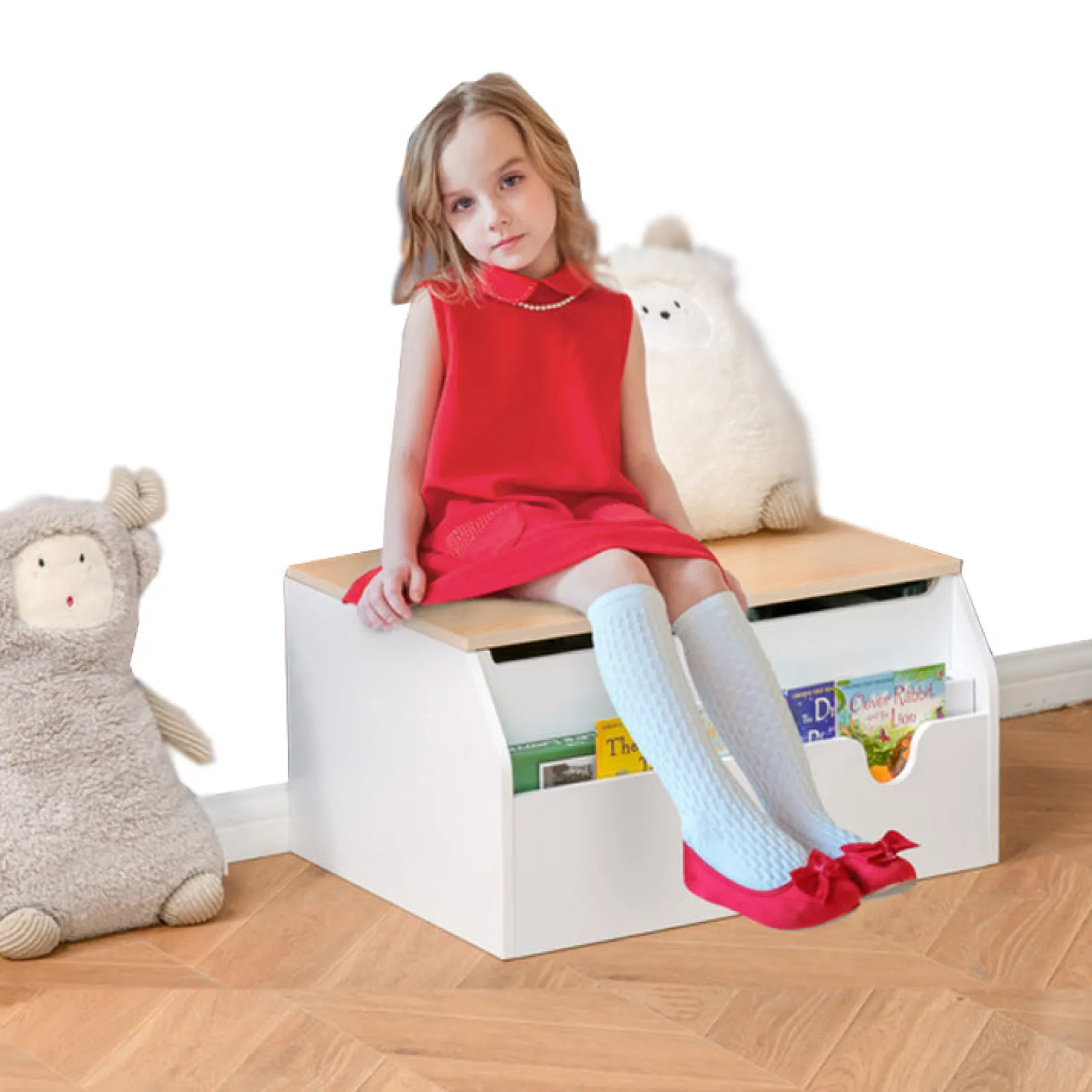 Kinder Little Helper 3-in-1 Montessori Spielzeugkiste, Bücherregal & Sitz mit Kindersicherheitsscharnier | Weiß | 58L x 43B x 30H cm