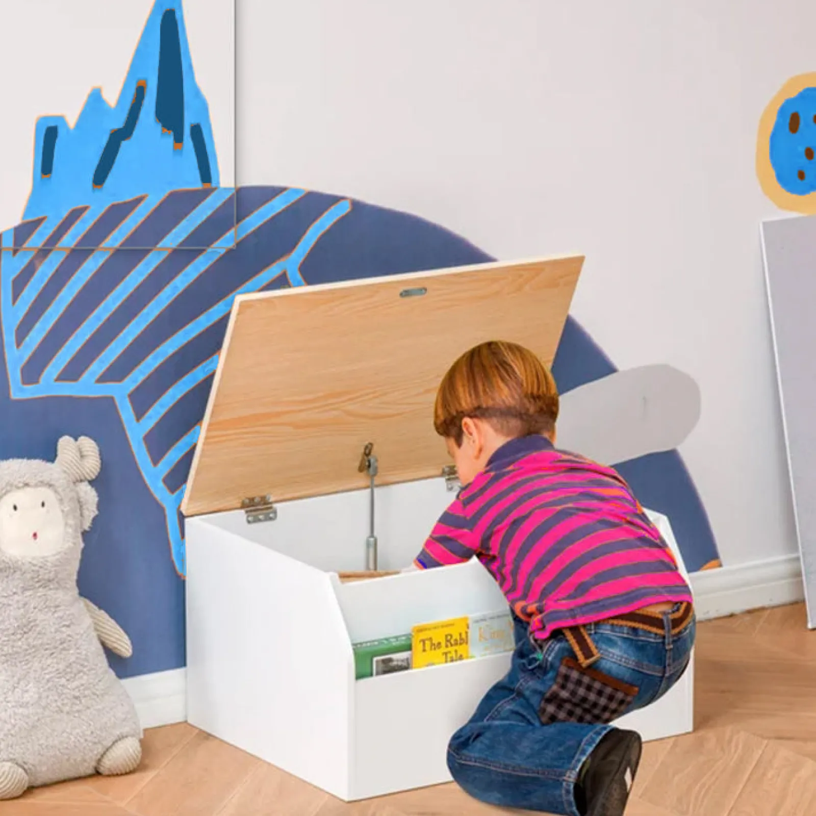Kinder Little Helper 3-in-1 Montessori Spielzeugkiste, Bücherregal & Sitz mit Kindersicherheitsscharnier | Weiß | 58L x 43B x 30H cm