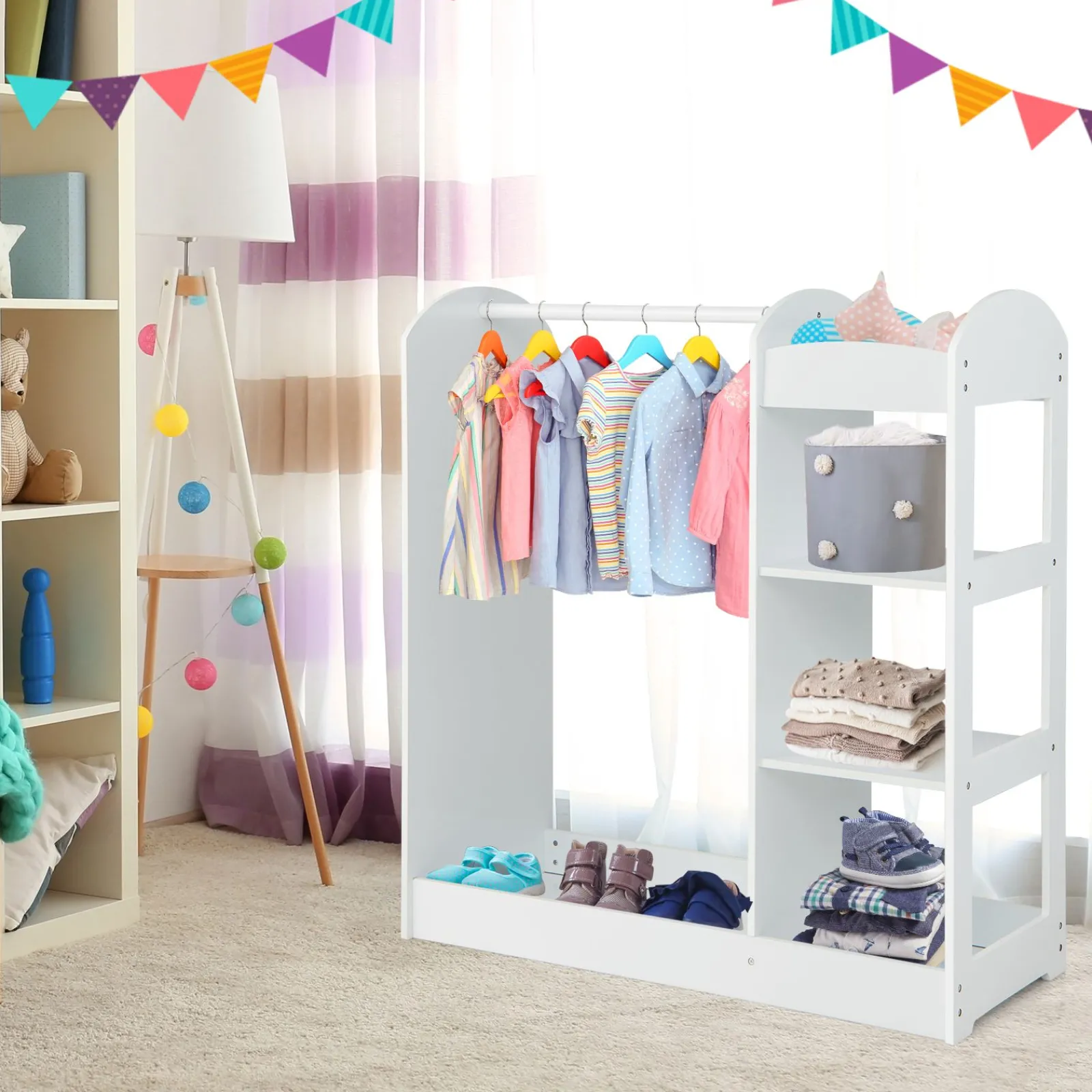 Kinder Little Helper 3-in-1 Montessori-Ankleide- und Kleiderstange | 4 Regale | Spiegel und Aufbewahrung | Rosa oder Weiß | 1m hoch