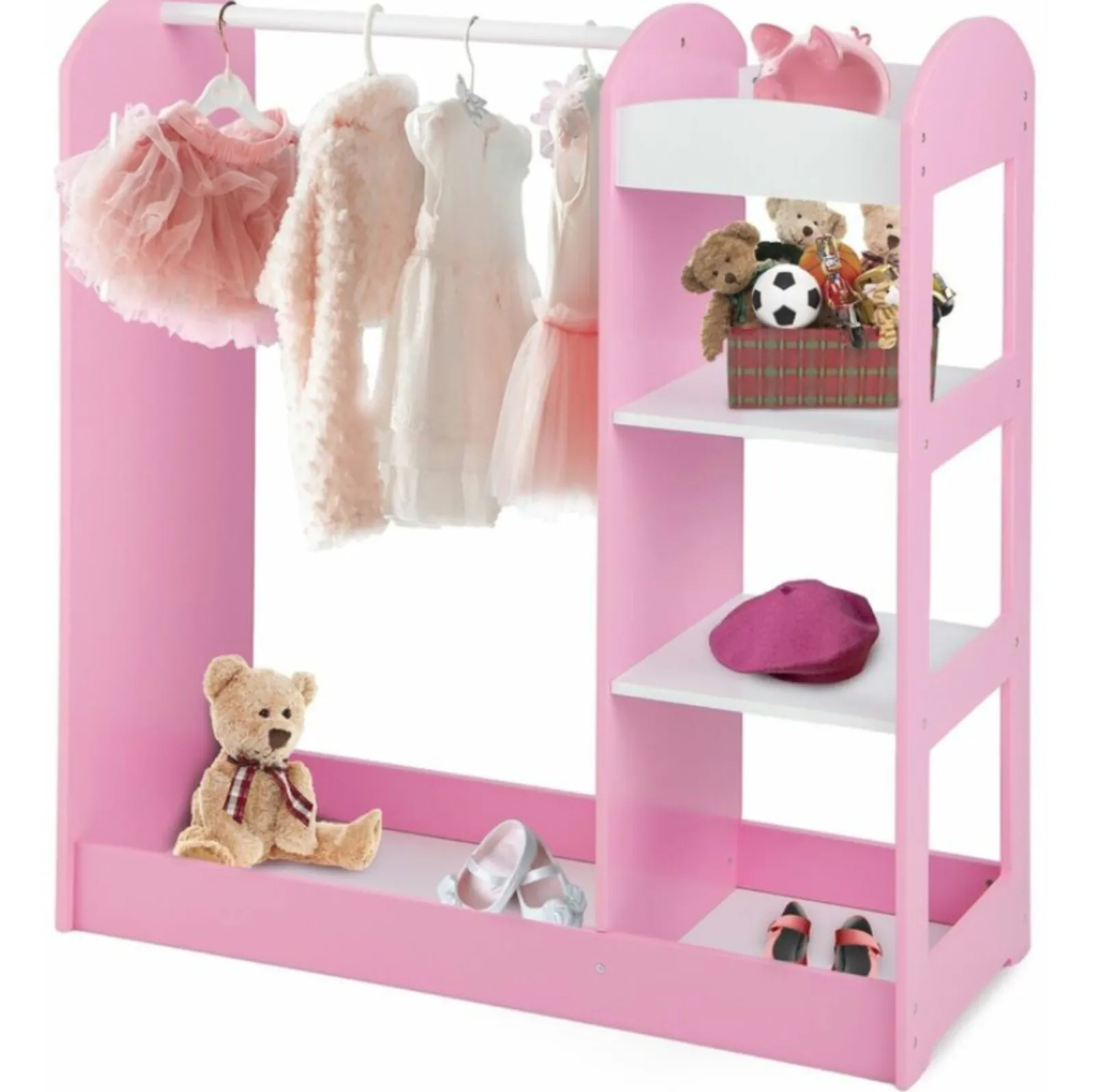 Kinder Little Helper 3-in-1 Montessori-Ankleide- und Kleiderstange | 4 Regale | Spiegel und Aufbewahrung | Rosa oder Weiß | 1m hoch