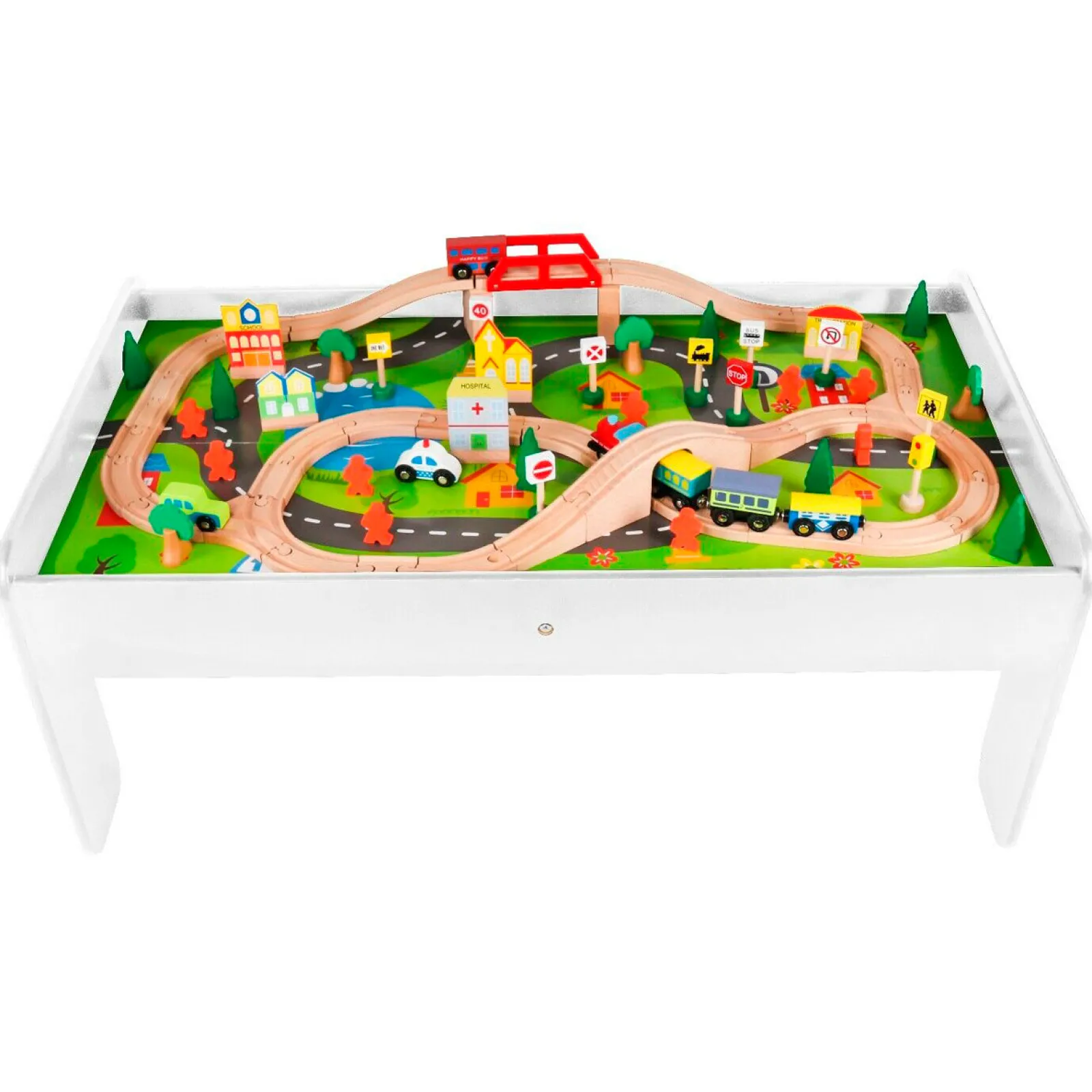 Kinder Little Helper 2-in-1 Montessori-Eisenbahntisch aus Holz und Stadtspieltisch | 90-teiliges Eisenbahnset | Weiß