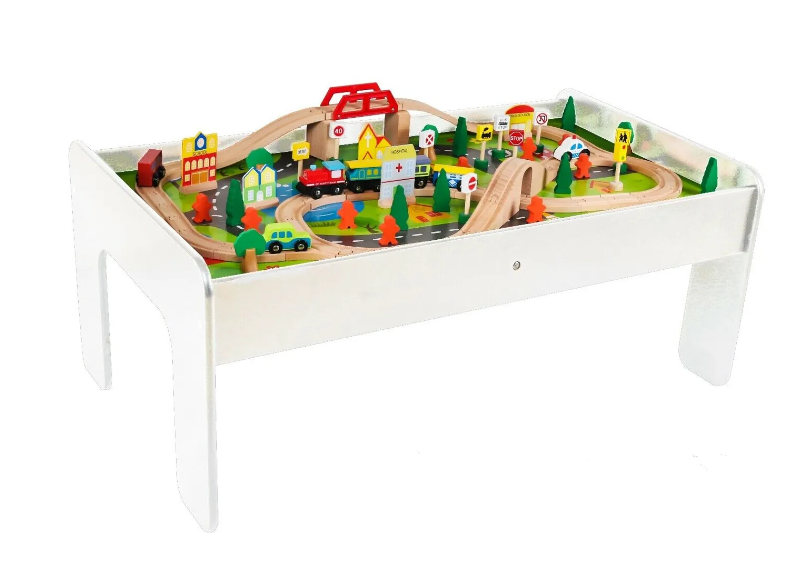 Kinder Little Helper 2-in-1 Montessori-Eisenbahntisch aus Holz und Stadtspieltisch | 90-teiliges Eisenbahnset | Weiß