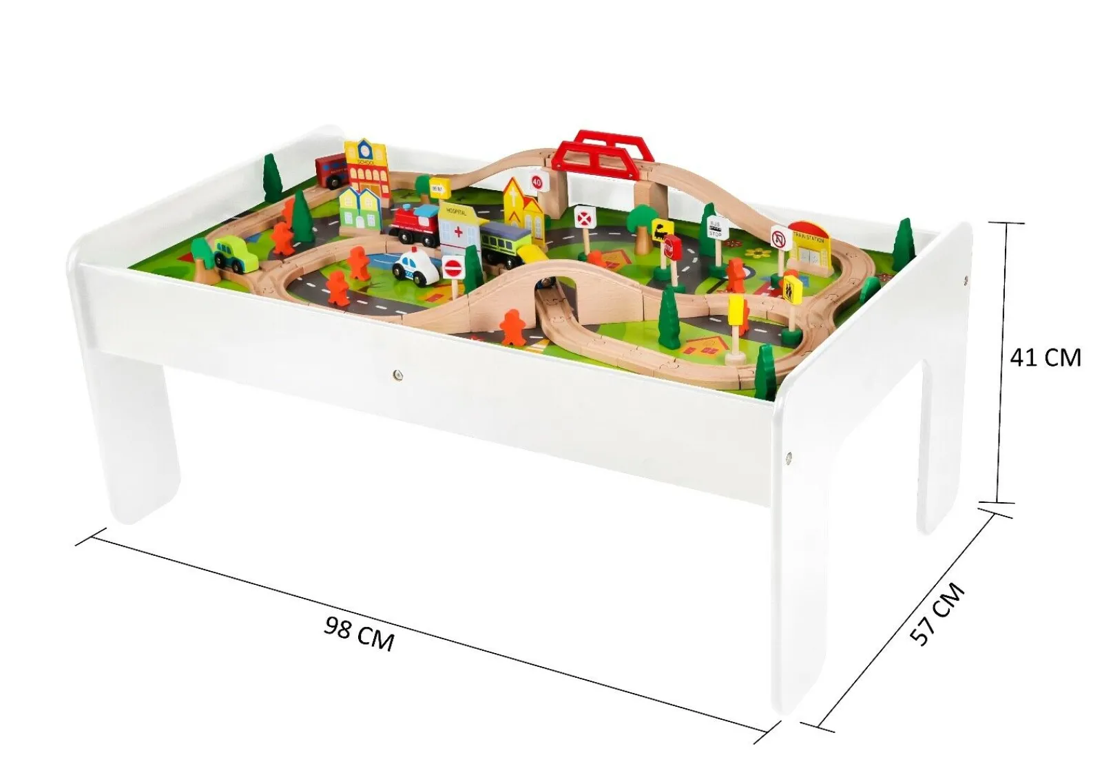 Kinder Little Helper 2-in-1 Montessori-Eisenbahntisch aus Holz und Stadtspieltisch | 90-teiliges Eisenbahnset | Weiß