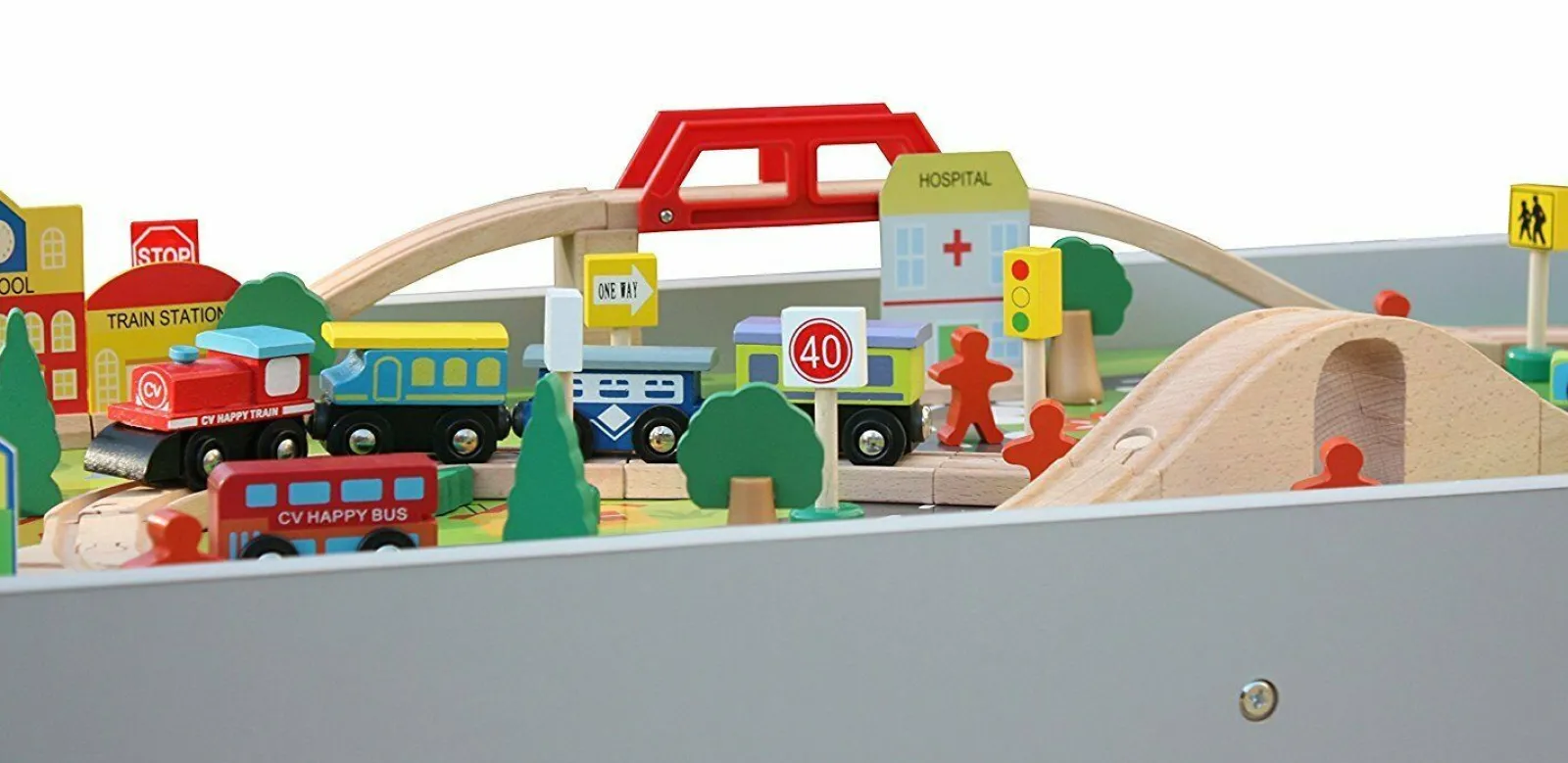 Kinder Little Helper 2-in-1 Montessori-Eisenbahntisch aus Holz und Stadtspieltisch | 90-teiliges Eisenbahnset | Weiß