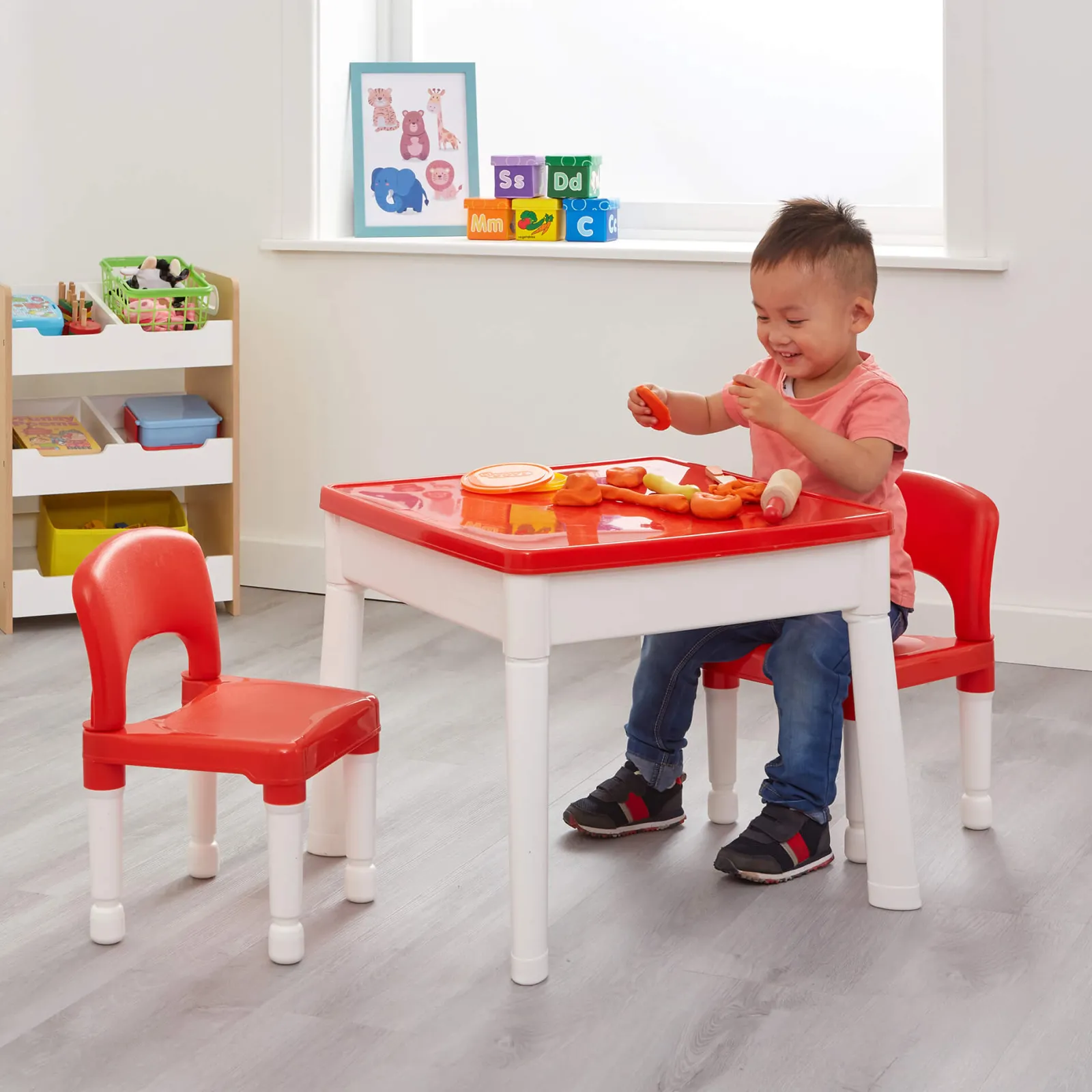 Kinder Little Helper 6-in-1 Montessori-Set mit Tisch und 2 Stühlen | Sand- und Wasserspiele | Tafel | Trocken abwischbare Oberfläche | Aufbewahrung