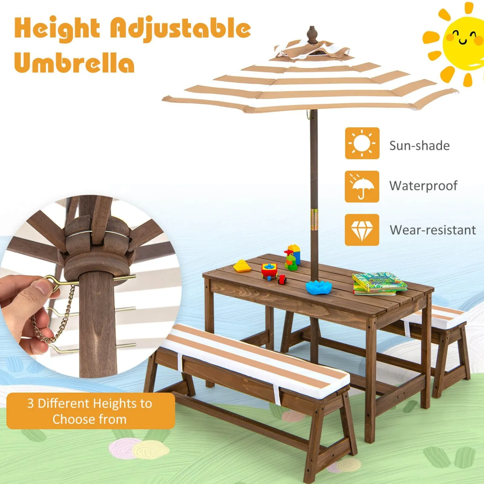 Little Helper 2-in-1 Picknickbank für Kinder | Abnehmbare Kissen und Sonnenschirm | Für den Innen- und Außenbereich geeignet
