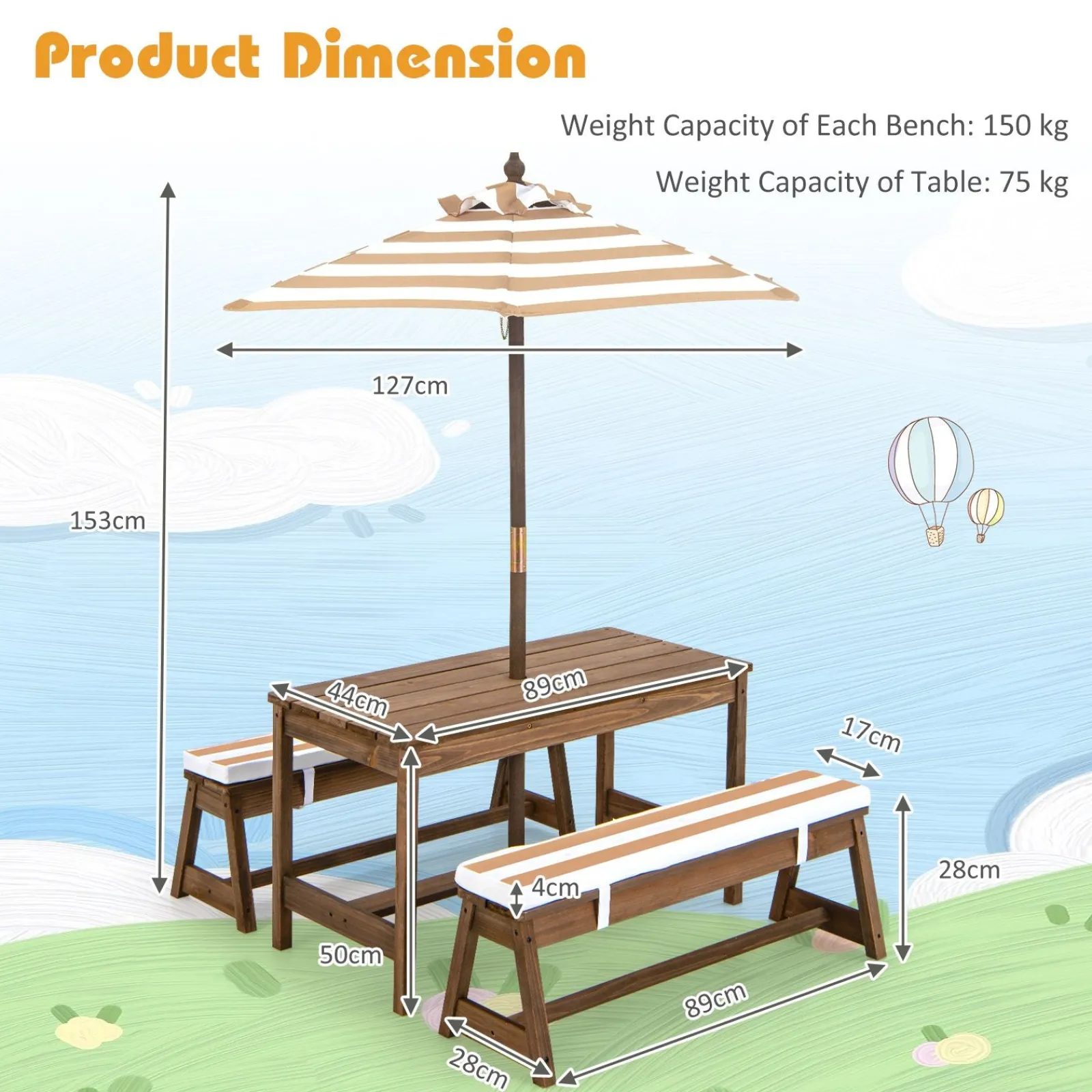 Little Helper 2-in-1 Picknickbank für Kinder | Abnehmbare Kissen und Sonnenschirm | Für den Innen- und Außenbereich geeignet