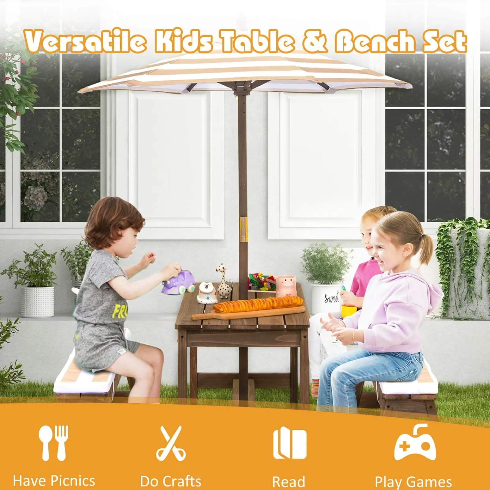 Little Helper 2-in-1 Picknickbank für Kinder | Abnehmbare Kissen und Sonnenschirm | Für den Innen- und Außenbereich geeignet