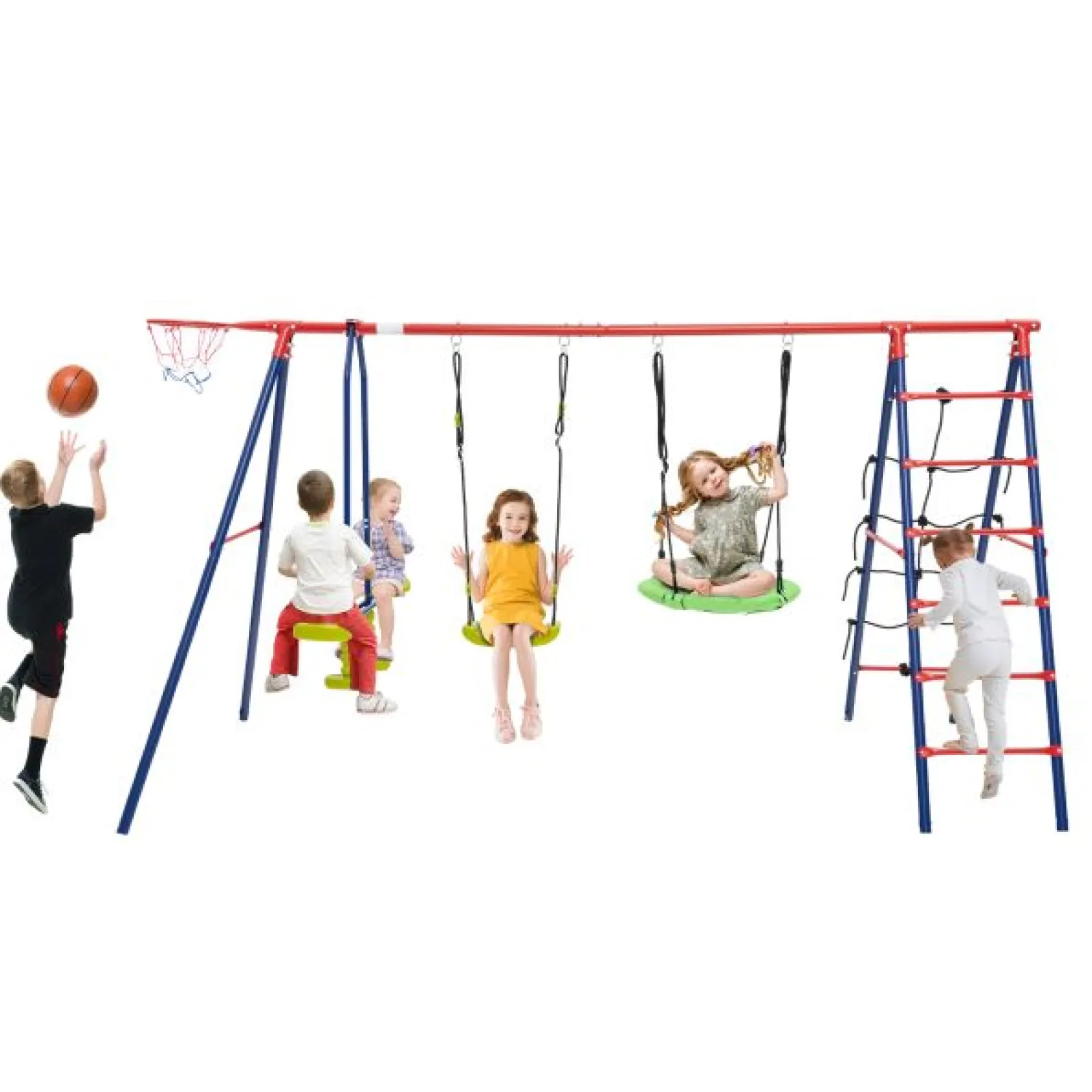 Little Helper 6-in-1 robustes, rostfreies Pikler-Schaukelset | Kletterleiter | Wippe | Basketballkorb | Rot | 3-12 Jahre