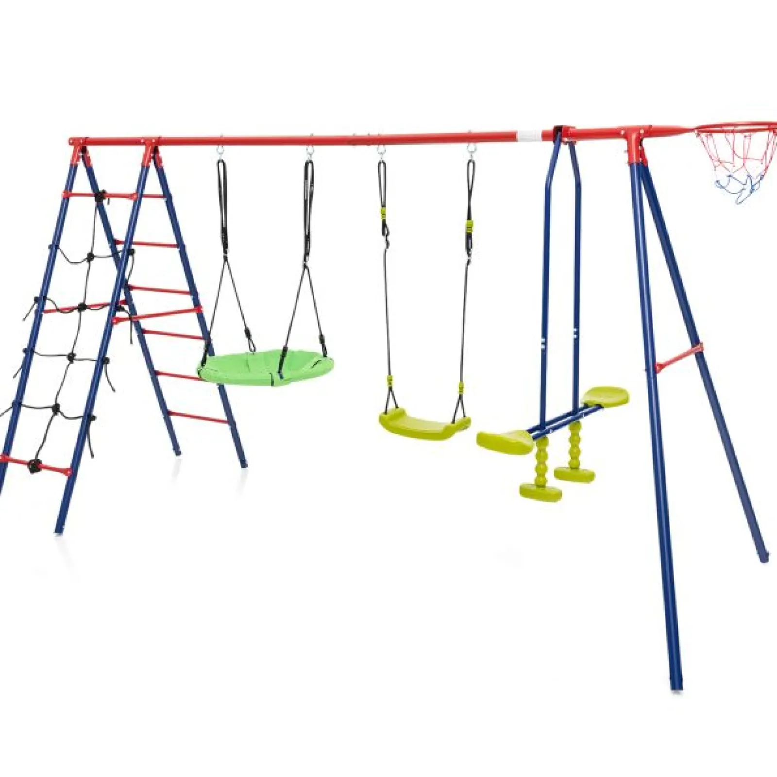 Little Helper 6-in-1 robustes, rostfreies Pikler-Schaukelset | Kletterleiter | Wippe | Basketballkorb | Rot | 3-12 Jahre