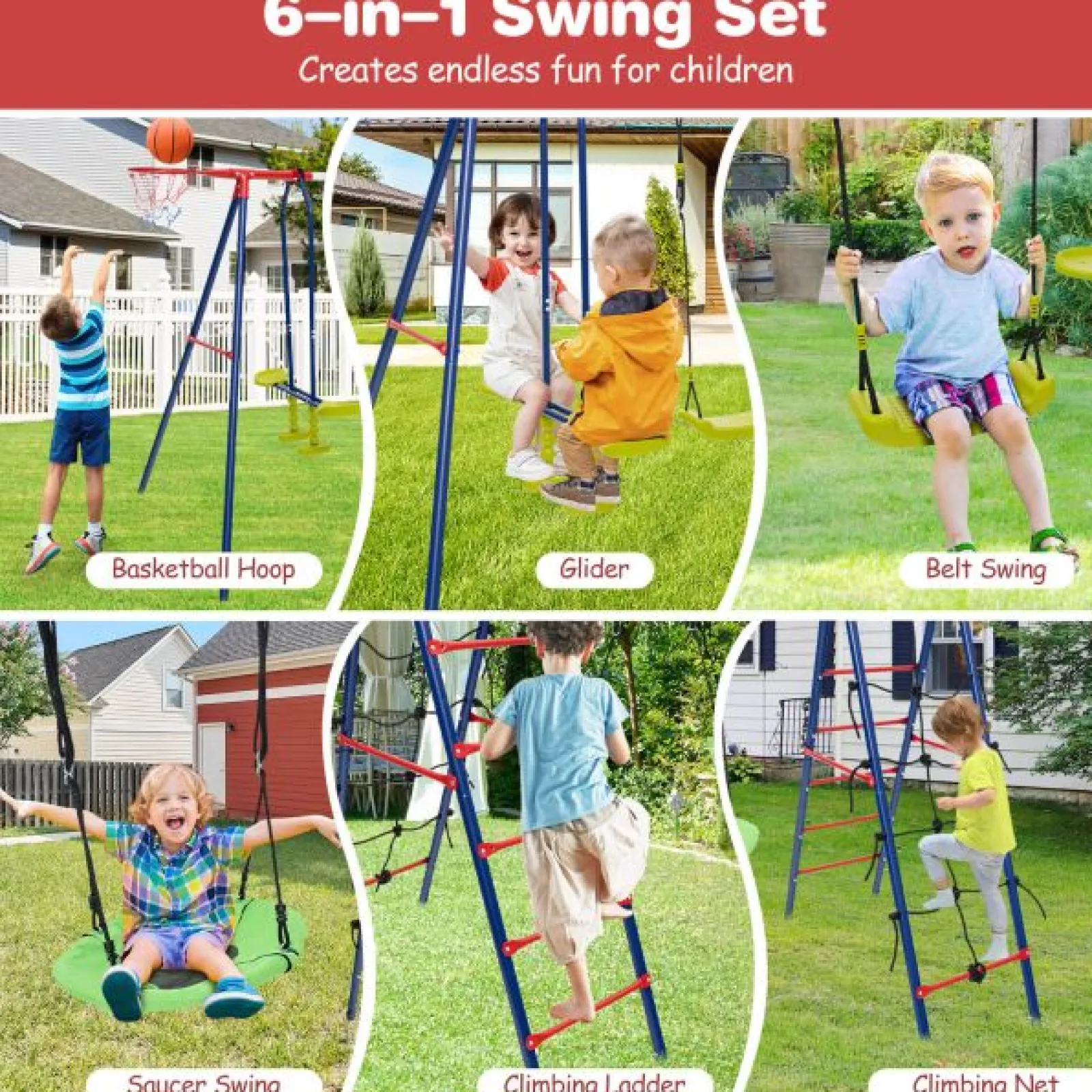 Little Helper 6-in-1 robustes, rostfreies Pikler-Schaukelset | Kletterleiter | Wippe | Basketballkorb | Rot | 3-12 Jahre