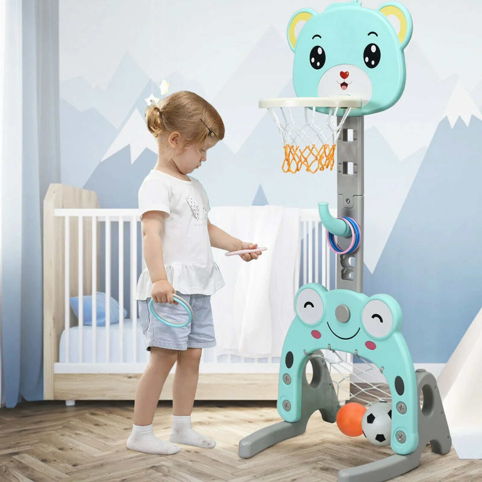 Little Helper 3-in-1-Basketballkorb für Kleinkinder | Fußballnetz | Ringwurfspiel inkl. Zubehör | Ab 3 Jahren