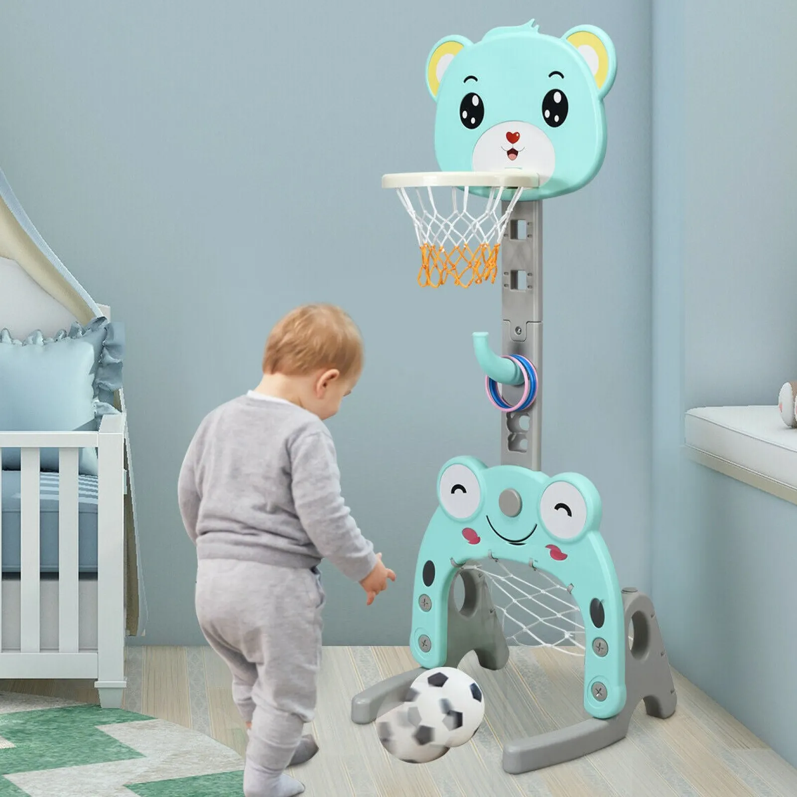 Little Helper 3-in-1-Basketballkorb für Kleinkinder | Fußballnetz | Ringwurfspiel inkl. Zubehör | Ab 3 Jahren