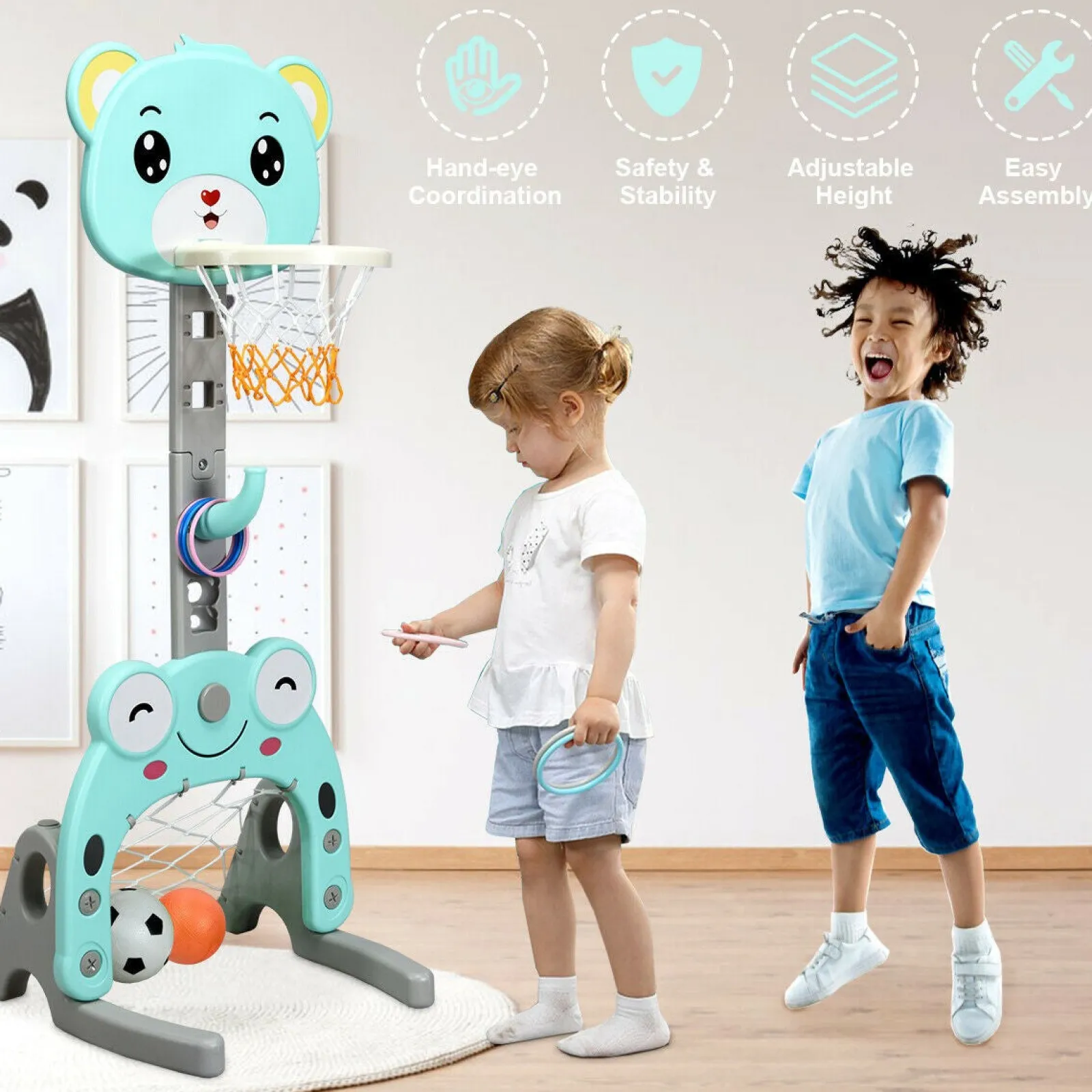Little Helper 3-in-1-Basketballkorb für Kleinkinder | Fußballnetz | Ringwurfspiel inkl. Zubehör | Ab 3 Jahren