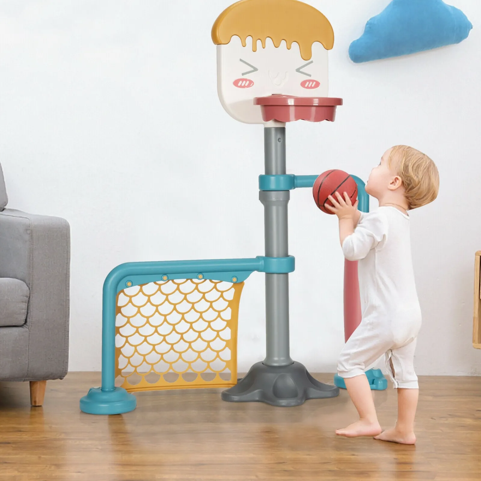 Kinder Little Helper 2-in-1-Basketballständer für Kinder | Verstellbares Fußballtor aus Gummi mit glatter Rolle | Ab 3 Jahren