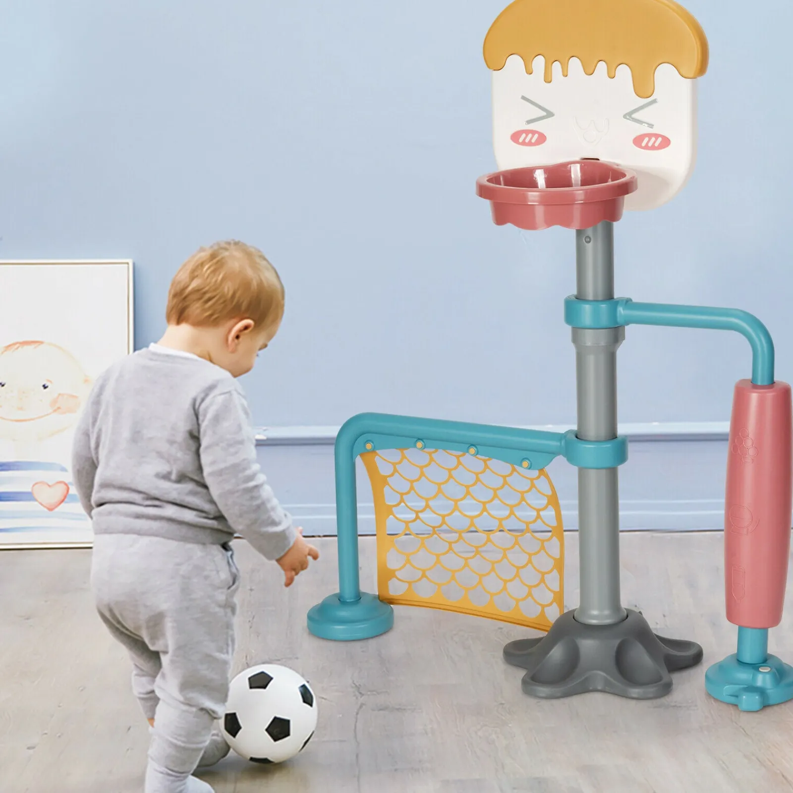Kinder Little Helper 2-in-1-Basketballständer für Kinder | Verstellbares Fußballtor aus Gummi mit glatter Rolle | Ab 3 Jahren