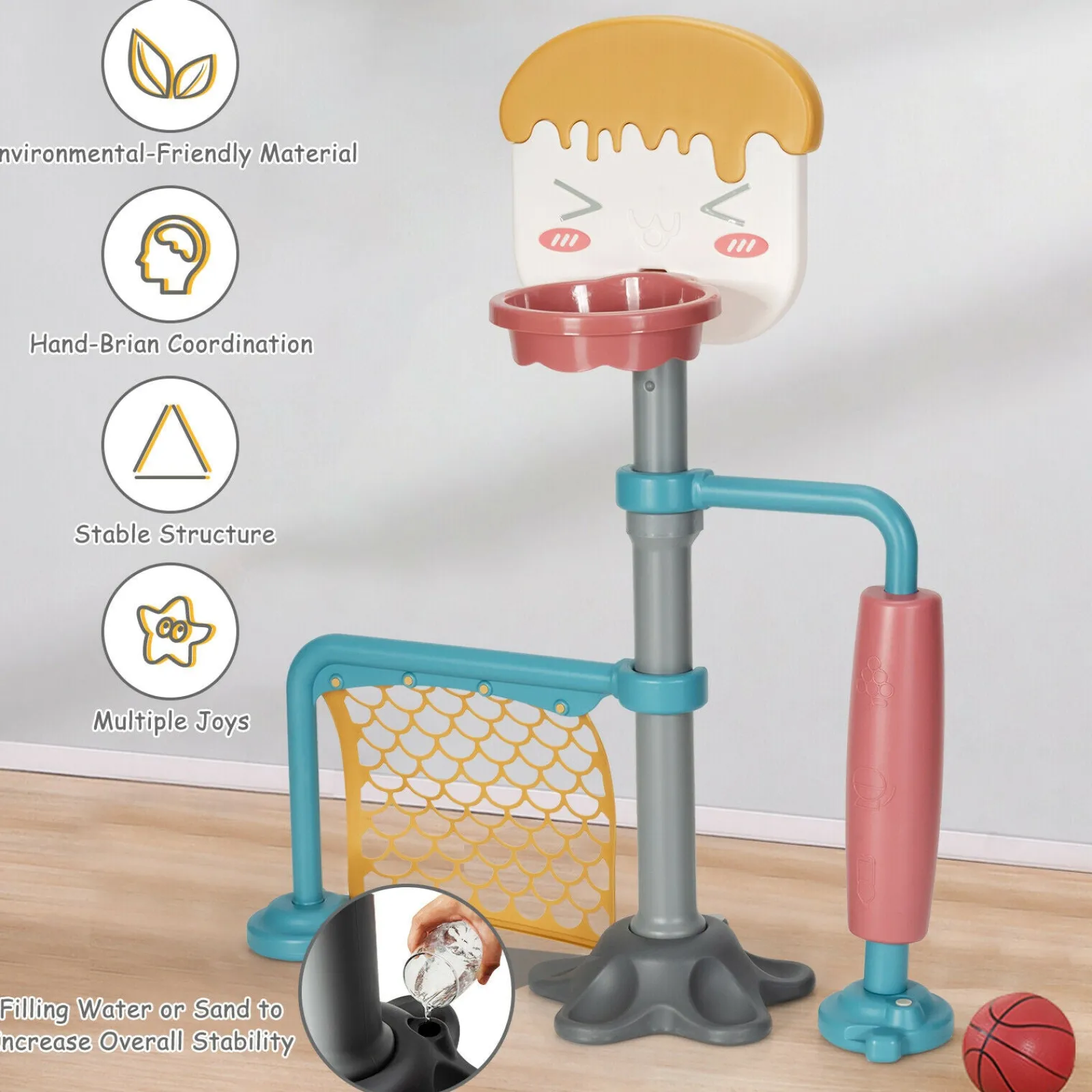 Kinder Little Helper 2-in-1-Basketballständer für Kinder | Verstellbares Fußballtor aus Gummi mit glatter Rolle | Ab 3 Jahren