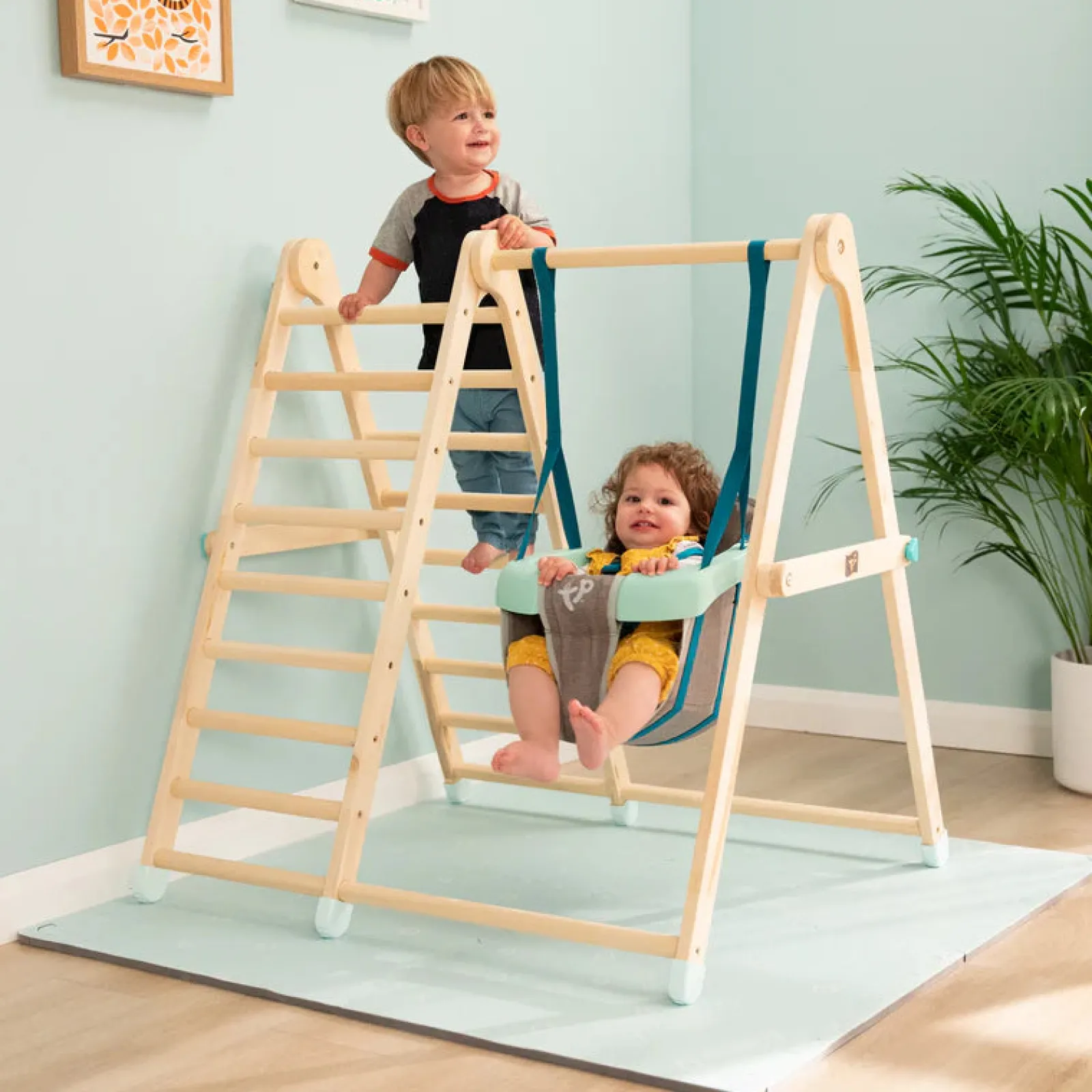 Kinder Little Helper Indoor-Kletterhalle aus umweltfreundlichem FSC-Holz, Montessori- und Pikler-Kletterhalle mit Schaukel | Natürlich | 6m/18m+