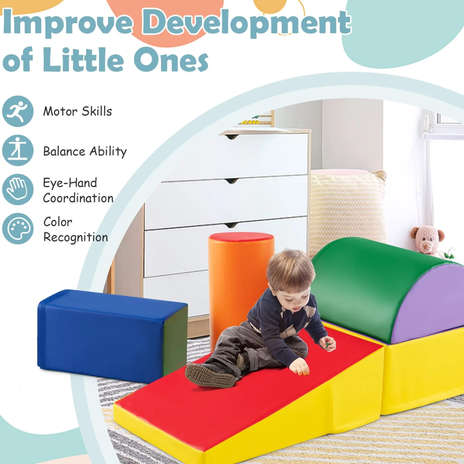Kinder Little Helper Indoor-Softspielgeräte | Montessori 5-teiliges Schaumstoff-Spielset | Softplay-Rutsche | Mehrfarbig, 9 Monate bis 3 Jahre