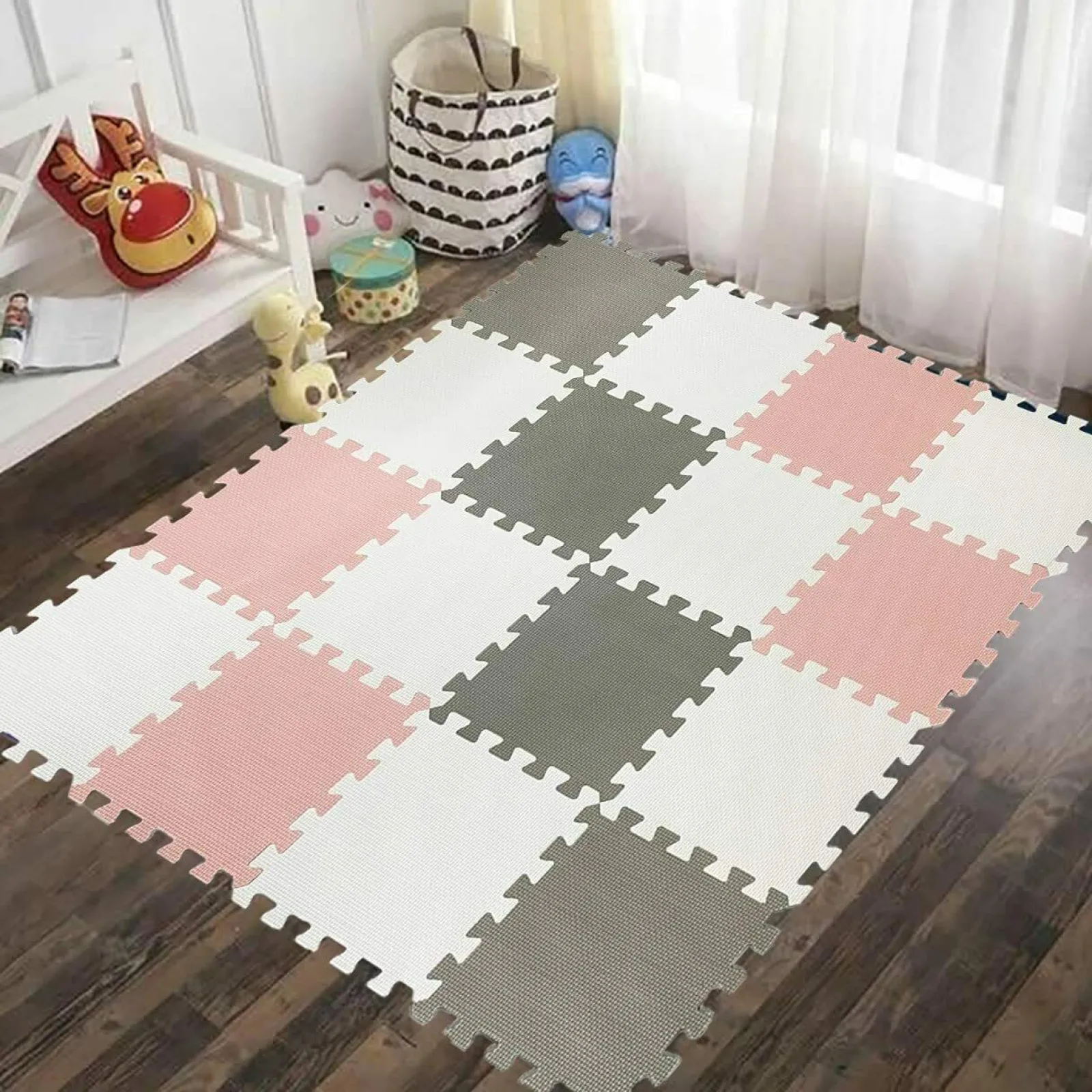 Kinder Little Helper 16 ineinander greifende Montessori-Spielmatten aus dickem Schaumstoff | Puzzlematten für Babylaufställe und Spielzimmer | Grau, Rosa und Weiß