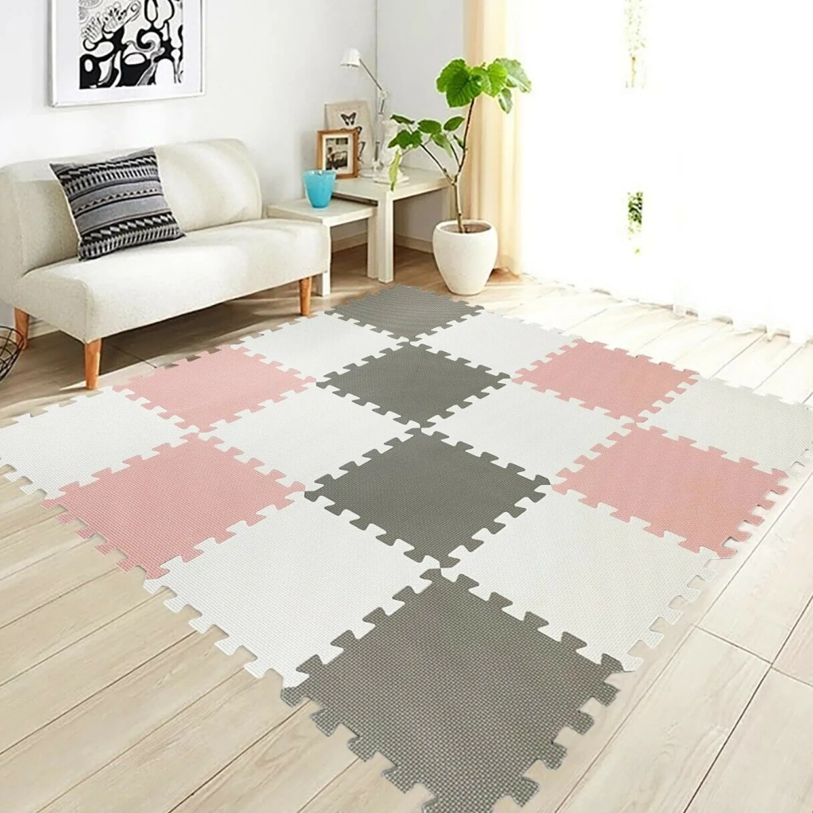 Kinder Little Helper 16 ineinander greifende Montessori-Spielmatten aus dickem Schaumstoff | Puzzlematten für Babylaufställe und Spielzimmer | Grau, Rosa und Weiß