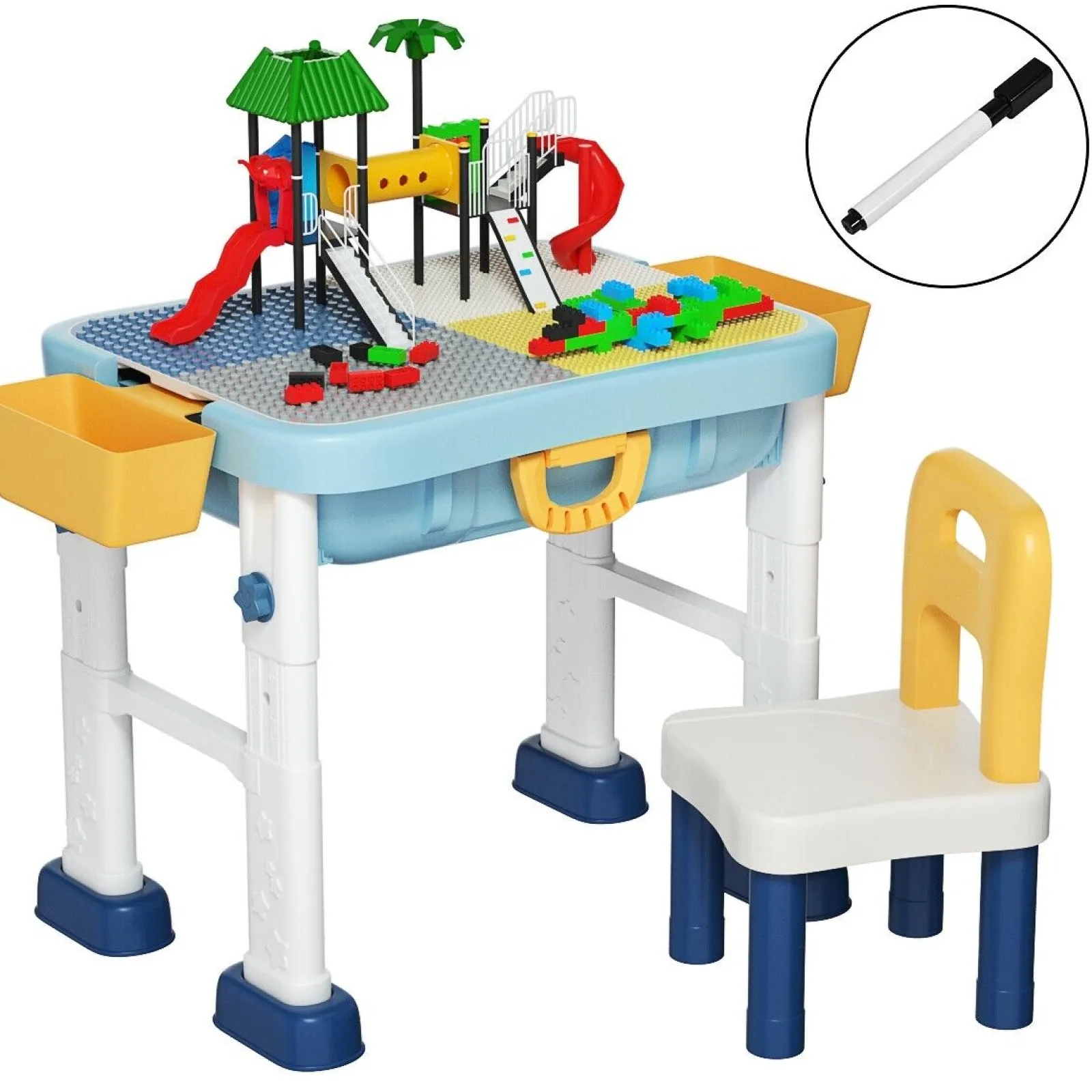 Kinder Little Helper 6-in-1-Faltung | Tragbarer höhenverstellbarer Aktivitätstisch und Stuhl | 2-seitige Lego-Tischplatte & Stauraum | Baustein | 3 Jahre+