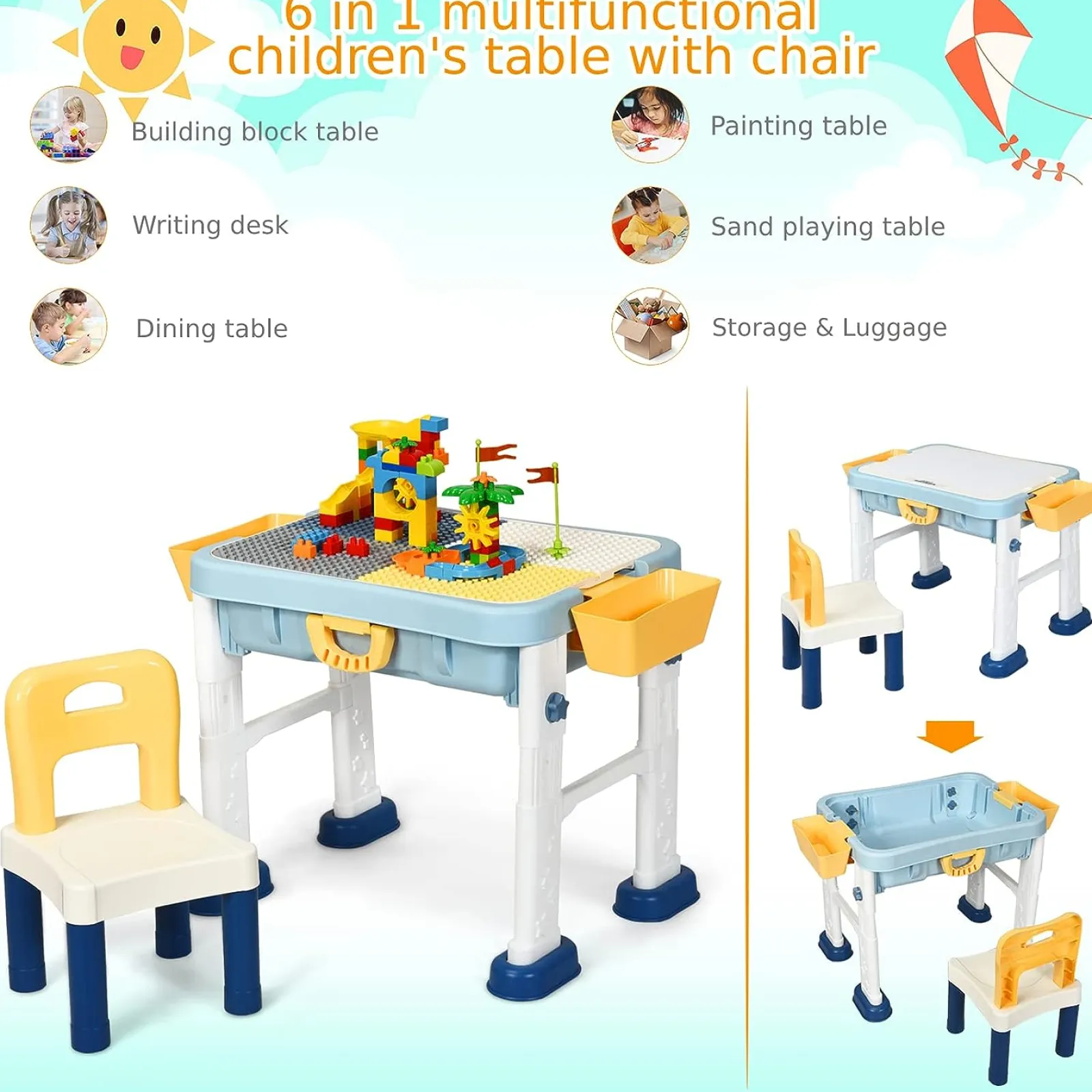 Kinder Little Helper 6-in-1-Faltung | Tragbarer höhenverstellbarer Aktivitätstisch und Stuhl | 2-seitige Lego-Tischplatte & Stauraum | Baustein | 3 Jahre+