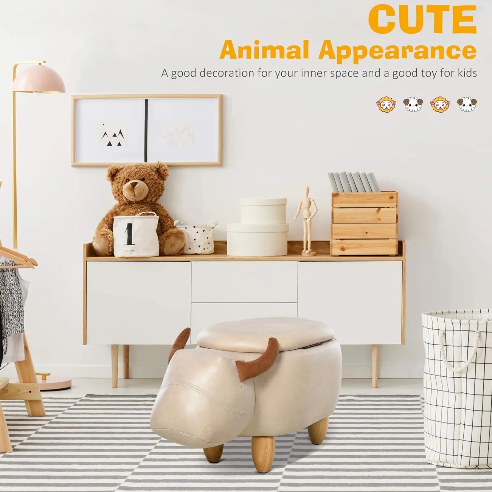 Kinder Little Helper 4-in-1-Hocker, Aufbewahrungsbox, Fußstütze und Sitz für Kinder | Spielzeugkiste | Niedliches Bison-Tierdesign