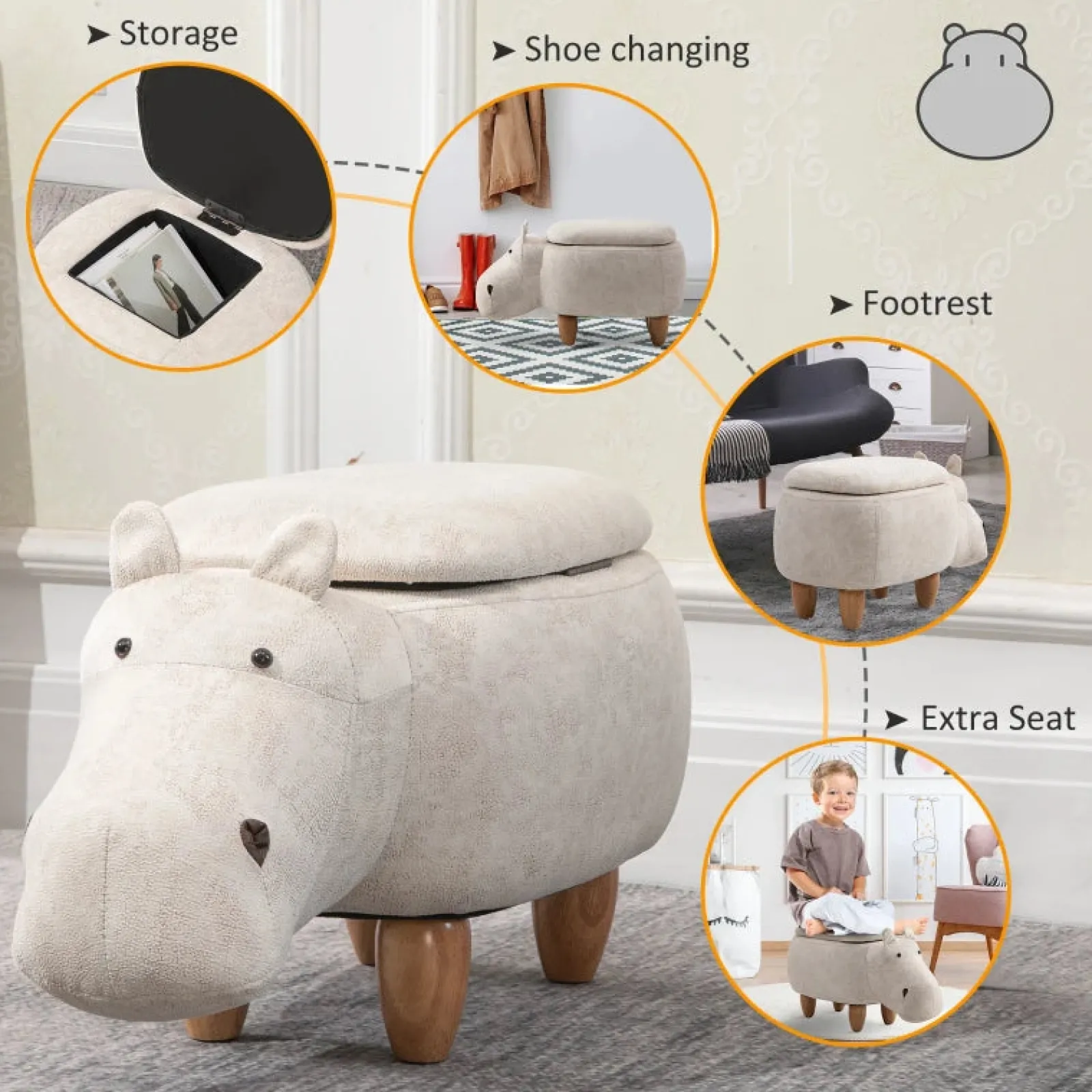 Kinder Little Helper 4-in-1-Hocker, Aufbewahrungsbox, Fußstütze und Sitz für Kinder | Spielzeugkiste | Supersüßes Nilpferd-Design