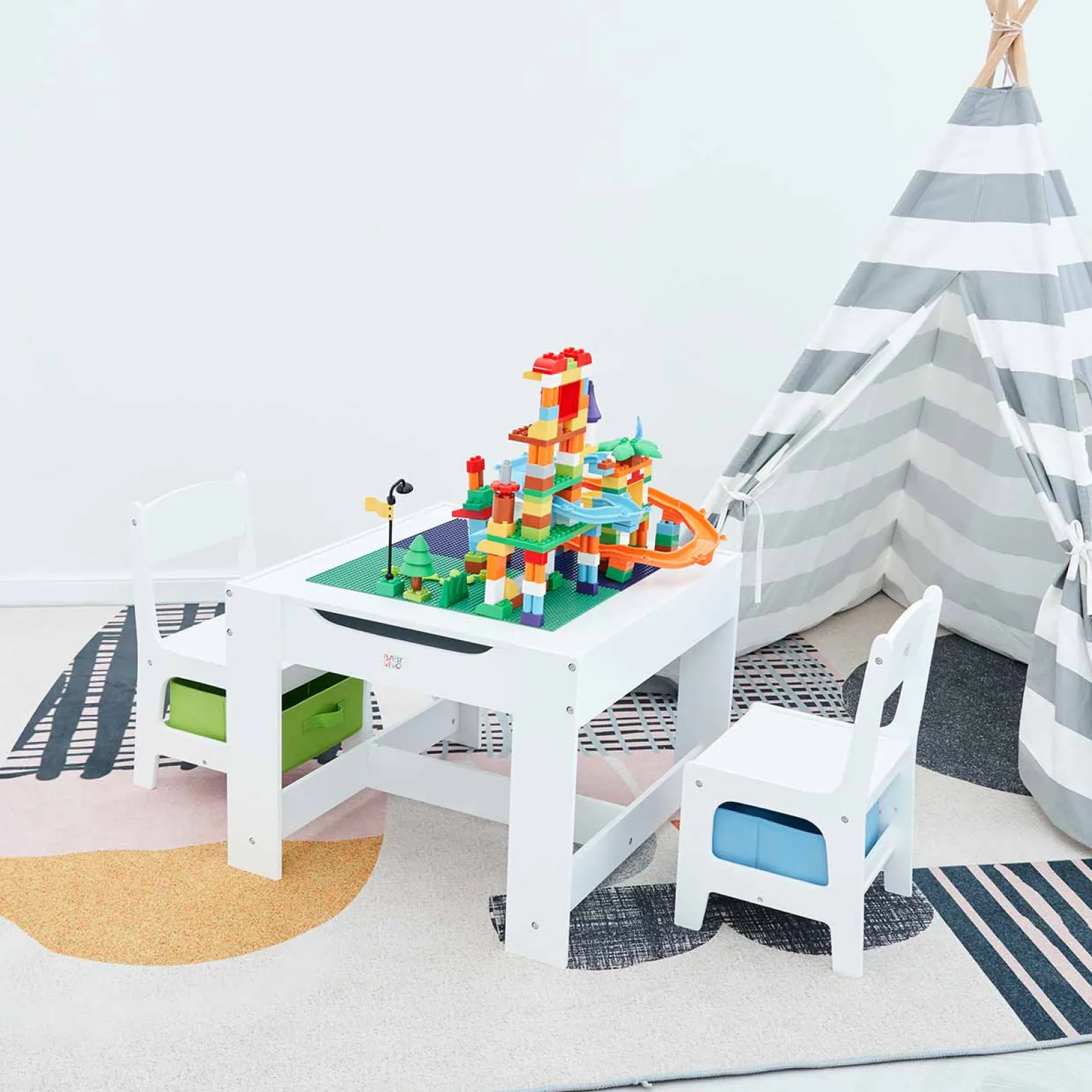 Kinder Little Helper 3-in-1-Holztisch und -Stühle für Kinder | Wendbare Tischplatte | Lego-Brett | Aufbewahrungsschubladen | Ab 3 Jahren