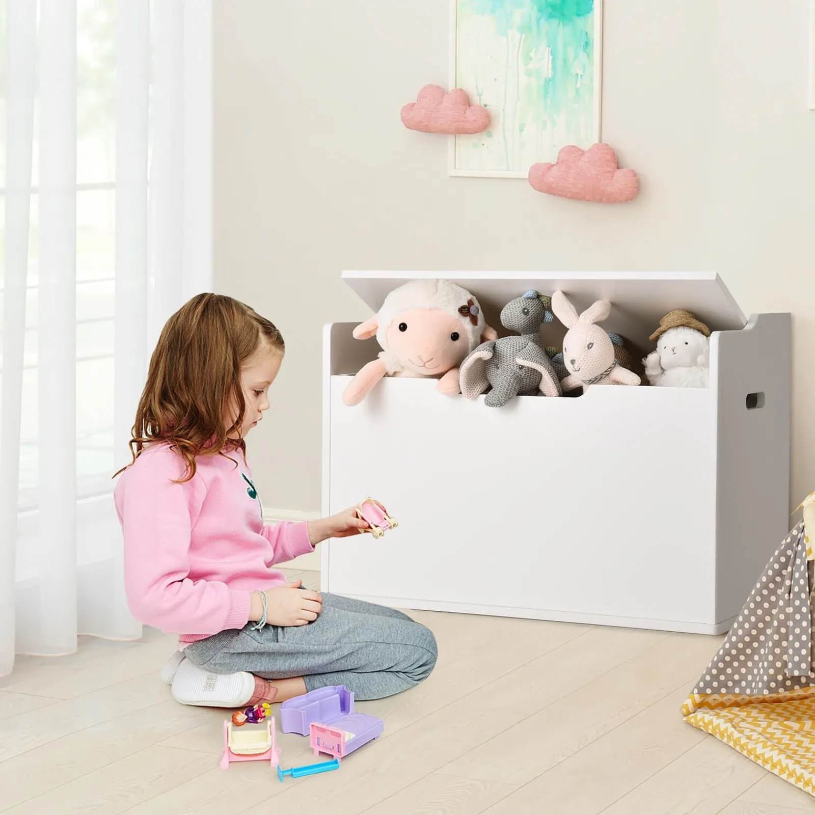 Kinder Little Helper 2-in-1-Kinderspielzeugkiste und Bank mit Kissen | Aufbewahrungsbox für Kinderspielzeug aus Holz | 3 Farboptionen