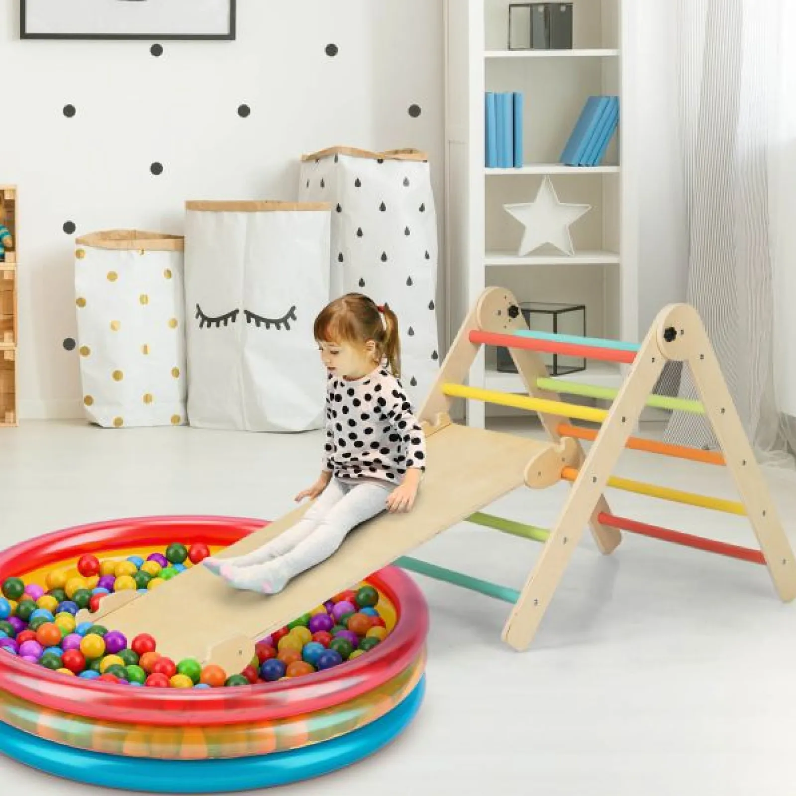 Kinder Little Helper 4-in-1-Klappklettergerüst aus Öko-Massivholz | Montessori Pikler Dreieck, Rutsche & Kletterer | 36m+