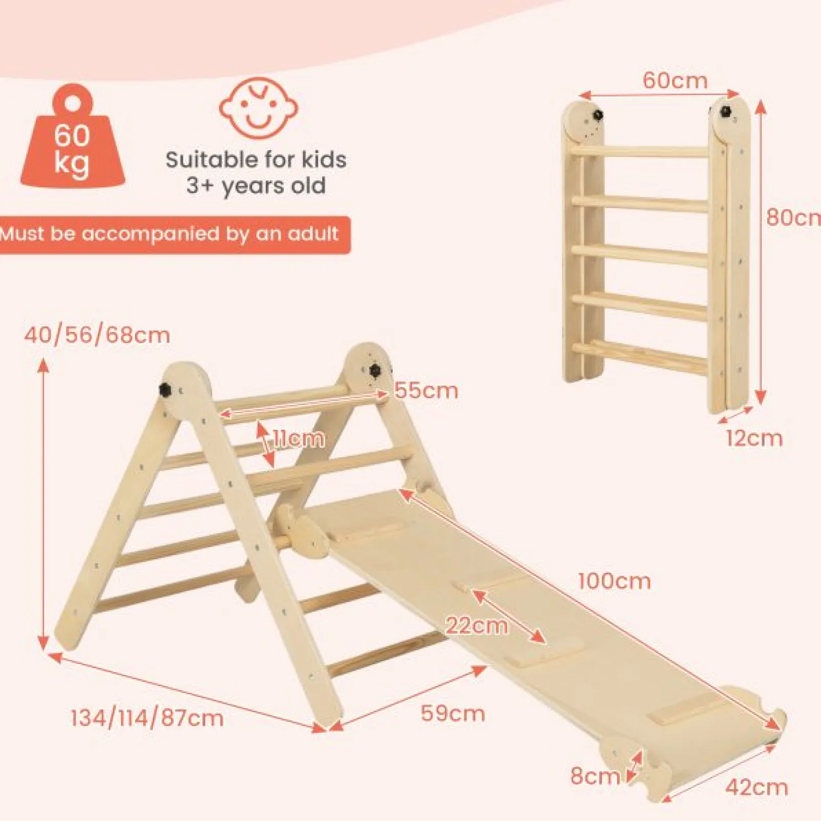 Kinder Little Helper 4-in-1-Klappklettergerüst aus Öko-Massivholz | Montessori Pikler Dreieck, Rutsche & Kletterer | 36m+