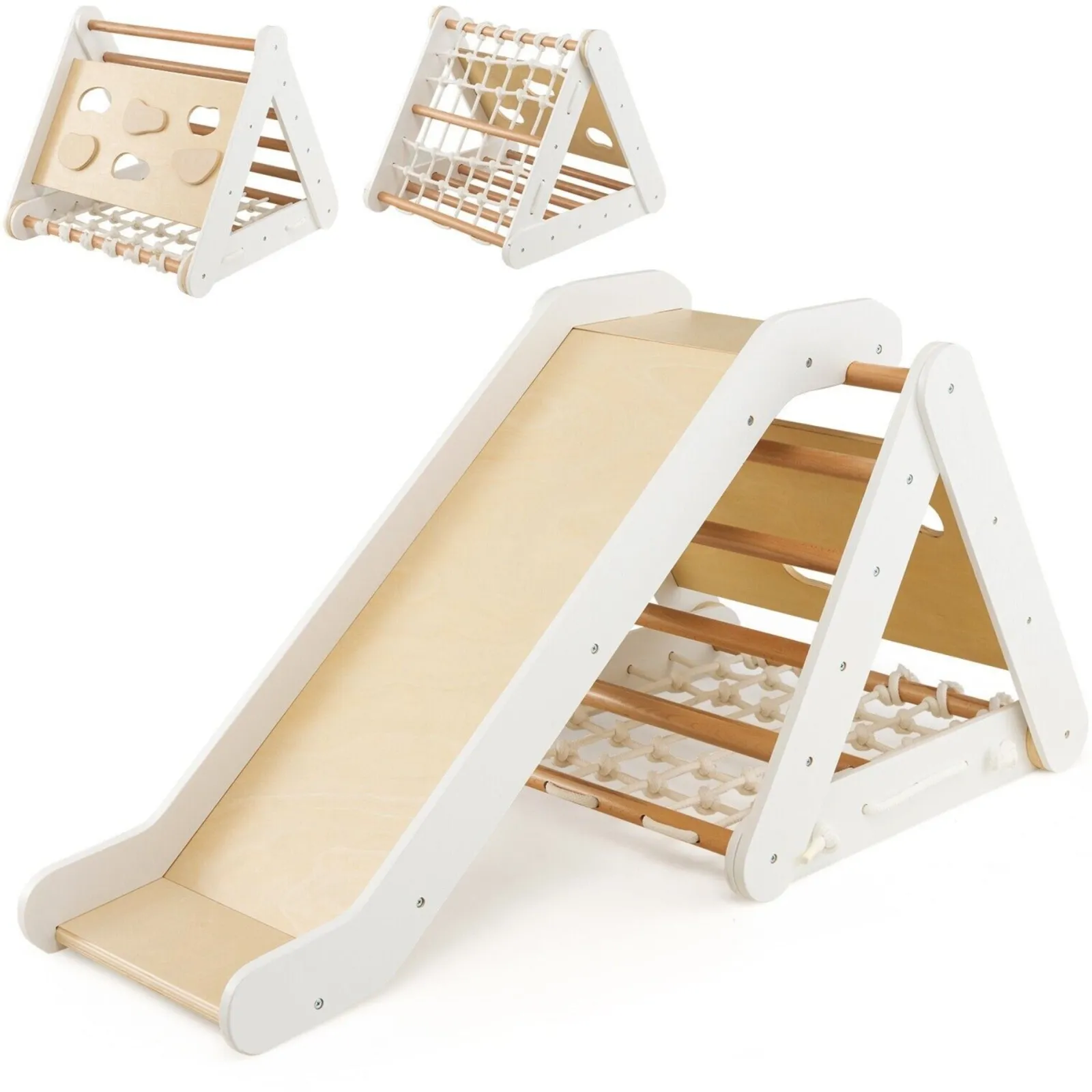 Kinder Little Helper 4-in-1-Klettergerüst aus Öko-Birkenholz für Kinder | Montessori-Pikler-Dreieck, Rutsche und Klettergerüst | Naturholz und Weiß