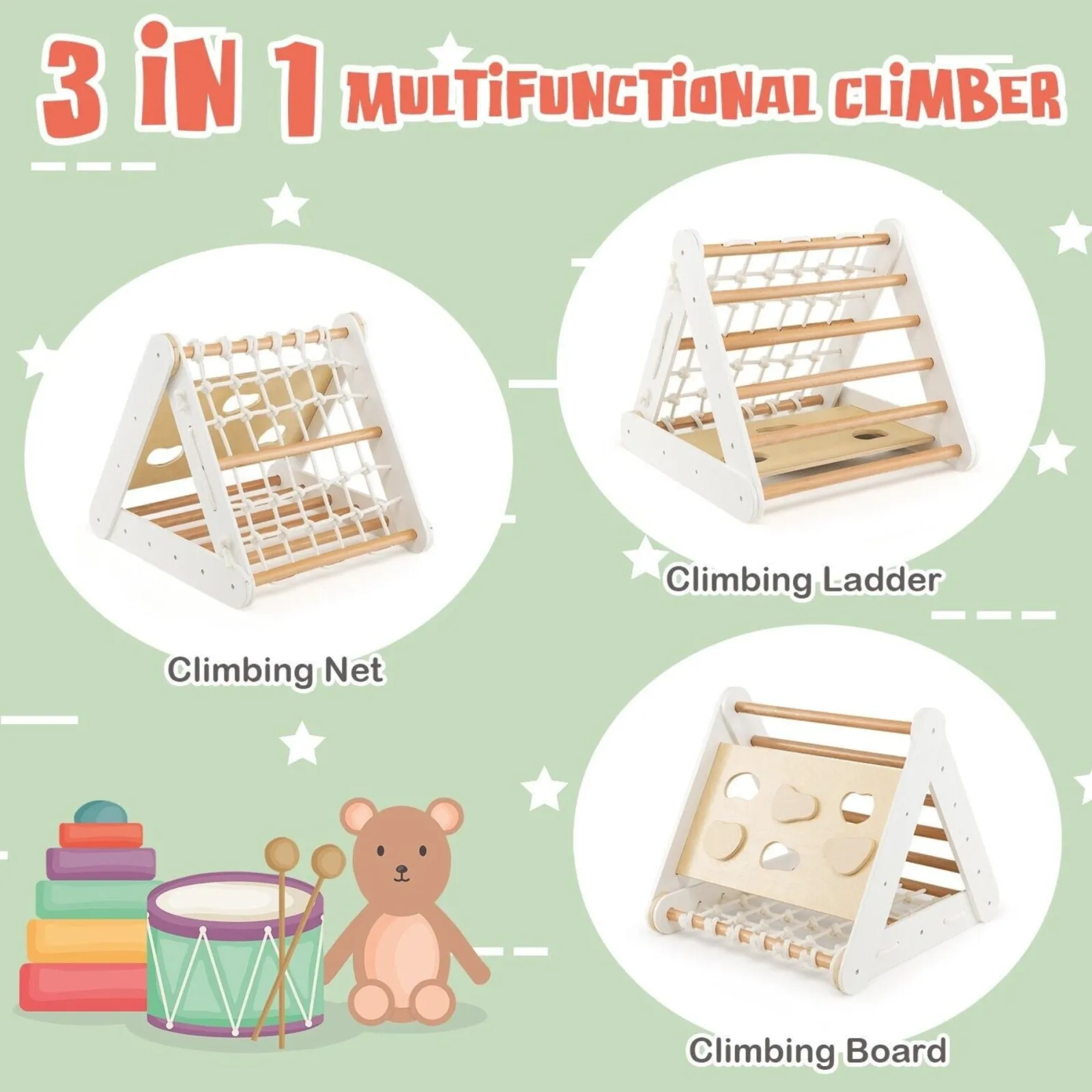 Kinder Little Helper 4-in-1-Klettergerüst aus Öko-Birkenholz für Kinder | Montessori-Pikler-Dreieck, Rutsche und Klettergerüst | Naturholz und Weiß
