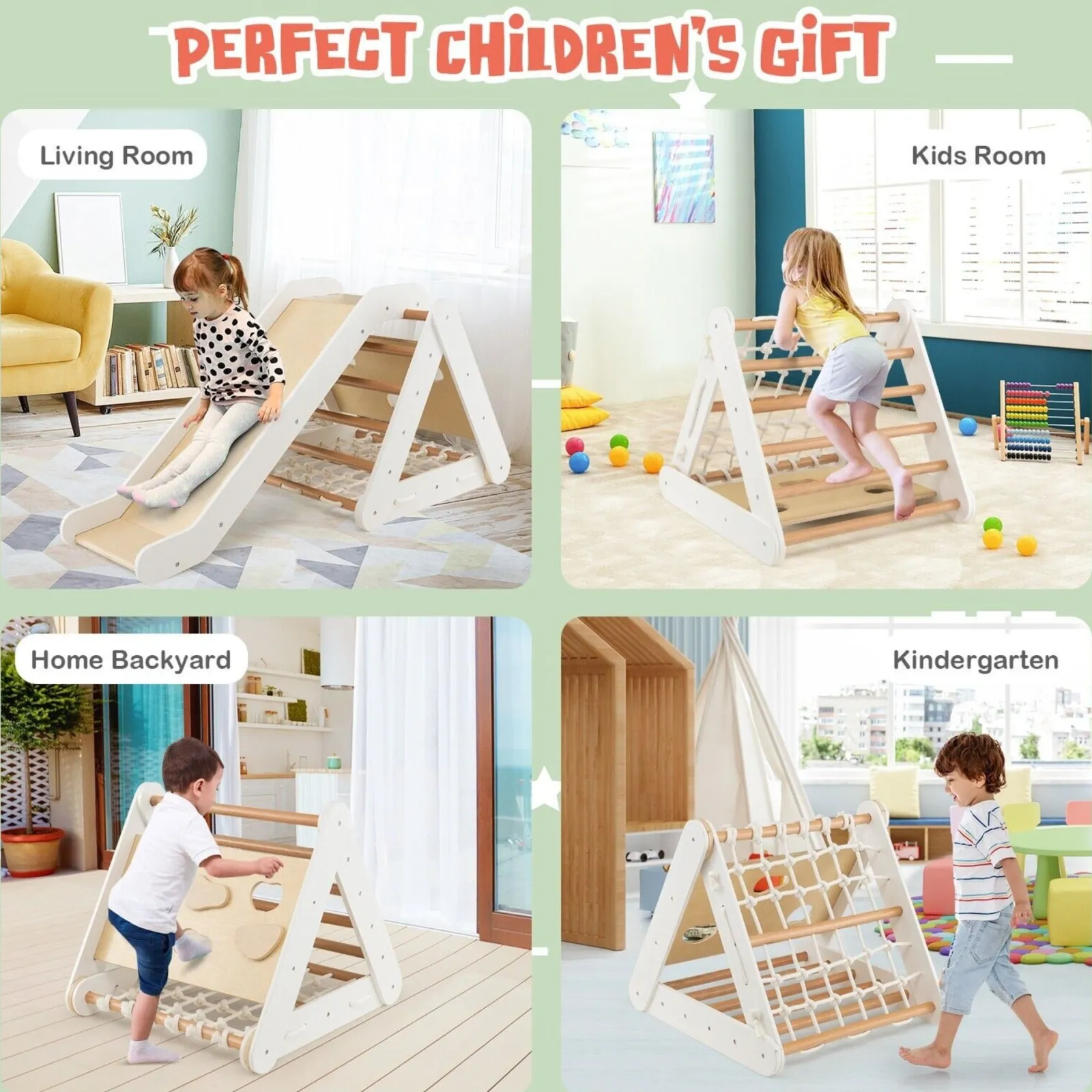 Kinder Little Helper 4-in-1-Klettergerüst aus Öko-Birkenholz für Kinder | Montessori-Pikler-Dreieck, Rutsche und Klettergerüst | Naturholz und Weiß