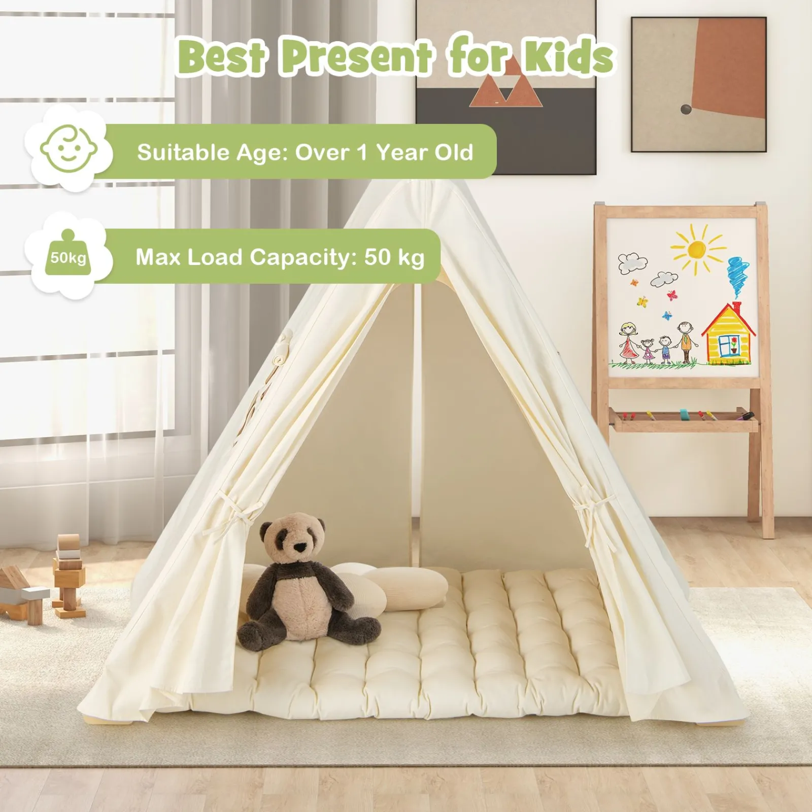 Kinder Little Helper 3-in-1-Klettergerüst aus Öko-Holz | Montessori Pikler und Den | Zelt mit Matte | 12m+