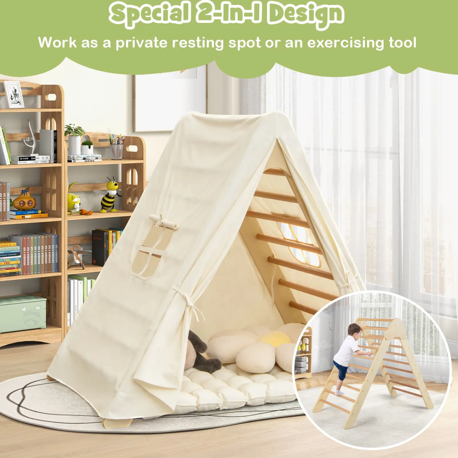 Kinder Little Helper 3-in-1-Klettergerüst aus Öko-Holz | Montessori Pikler und Den | Zelt mit Matte | 12m+